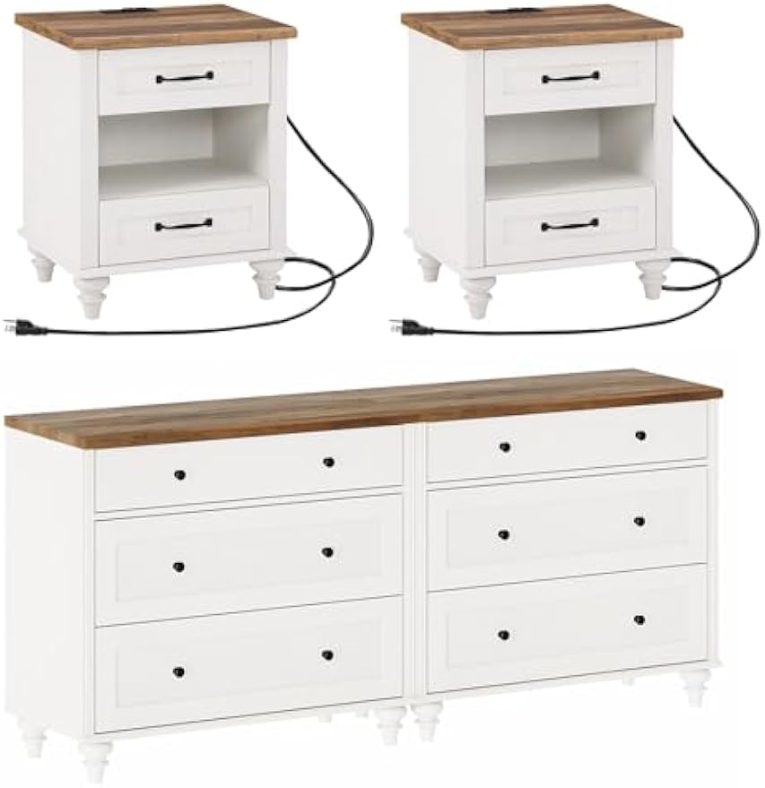 WAMPAT 4 Piece Bedroom Set - Includes Two Mid Century 3 Drawer Dresser, Set of 2 Night Stands with Charging Station, 4 Piece Dresser and Nightstand Sets, White