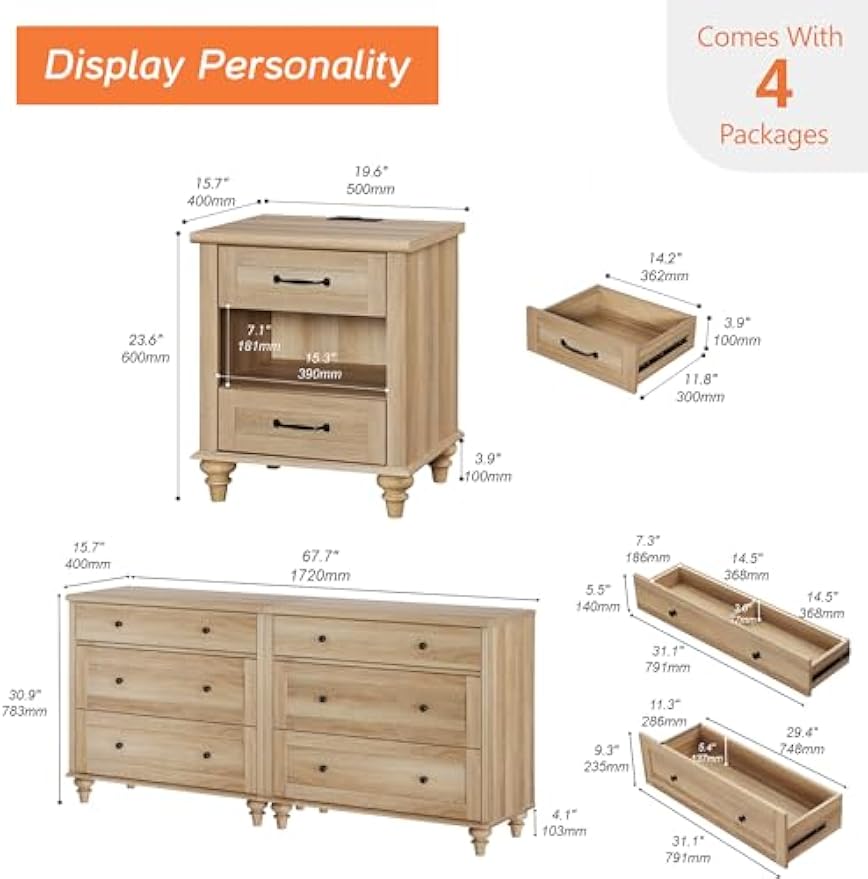 WAMPAT 4 Piece Dresser and Nightstand Sets, Two Dresser & Chests of Drawers with 3 Drawers, Set of 2 End Tables Bedside Table with Charging Station, 4 Piece Bedroom Set, White