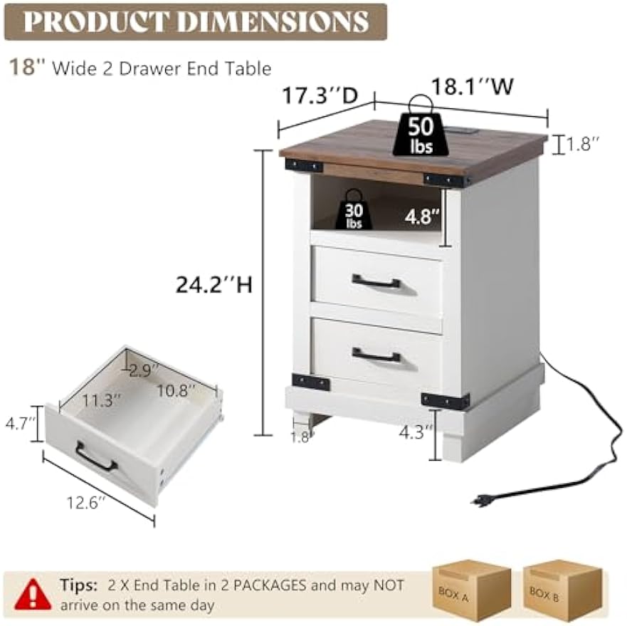 AMERLIFE 4 Pieces Farmhouse Bedroom Set, Includes 6 Drawer Large Dresser Chest, 5 Drawer Tall Dresser Chest, Nightstand Set of 2 with Charging Station, Wood Rustic Chest of Drawer, Living Room, White