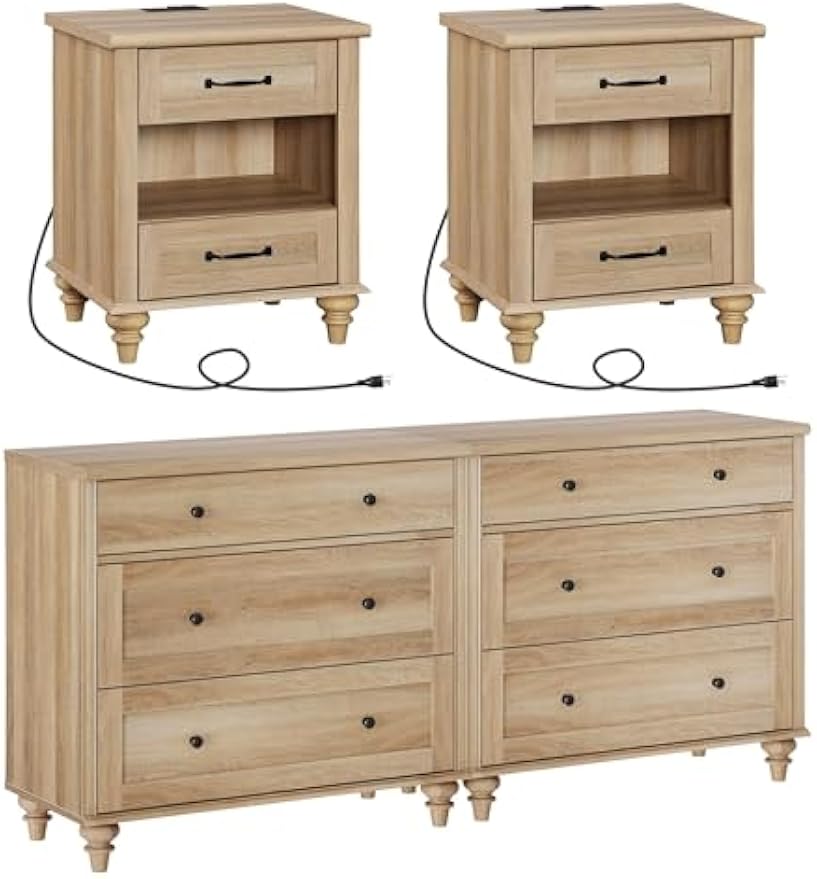 WAMPAT 4 Piece Dresser and Nightstand Sets, Two Dresser & Chests of Drawers with 3 Drawers, Set of 2 End Tables Bedside Table with Charging Station, 4 Piece Bedroom Set, White