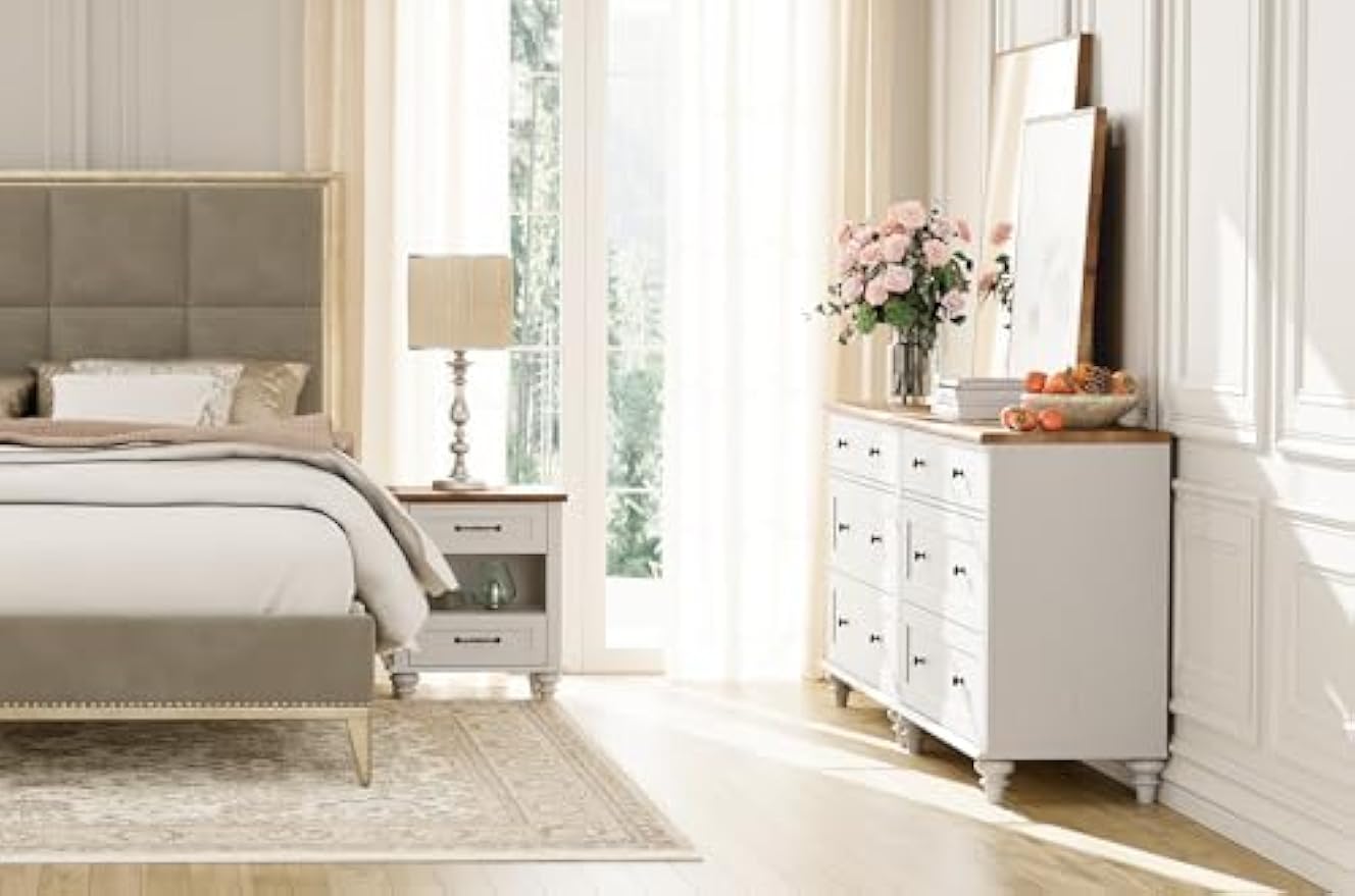 WAMPAT 4 Piece Bedroom Set - Includes Two Mid Century 3 Drawer Dresser, Set of 2 Night Stands with Charging Station, 4 Piece Dresser and Nightstand Sets, White
