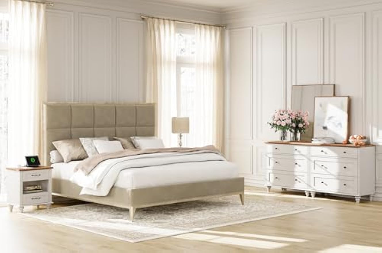 WAMPAT 4 Piece Bedroom Set - Includes Two Mid Century 3 Drawer Dresser, Set of 2 Night Stands with Charging Station, 4 Piece Dresser and Nightstand Sets, White