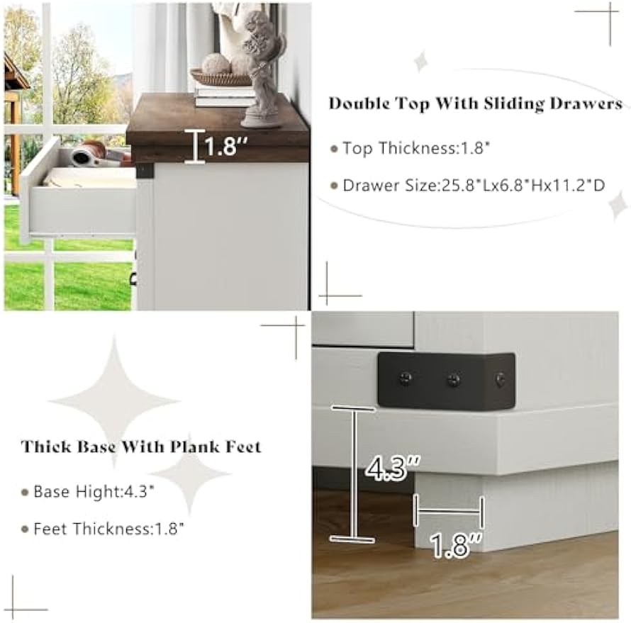 AMERLIFE 4 Pieces Farmhouse Bedroom Set, Includes 6 Drawer Large Dresser Chest, 5 Drawer Tall Dresser Chest, Nightstand Set of 2 with Charging Station, Wood Rustic Chest of Drawer, Living Room, White