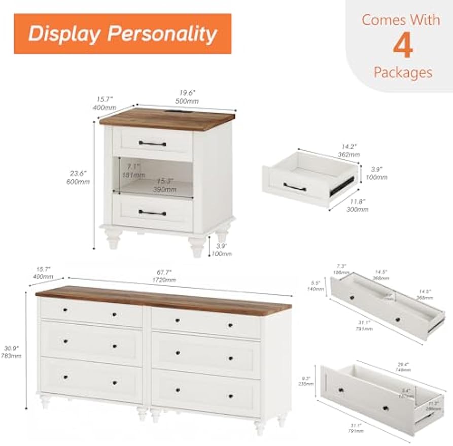 WAMPAT 4 Piece Bedroom Set - Includes Two Mid Century 3 Drawer Dresser, Set of 2 Night Stands with Charging Station, 4 Piece Dresser and Nightstand Sets, White