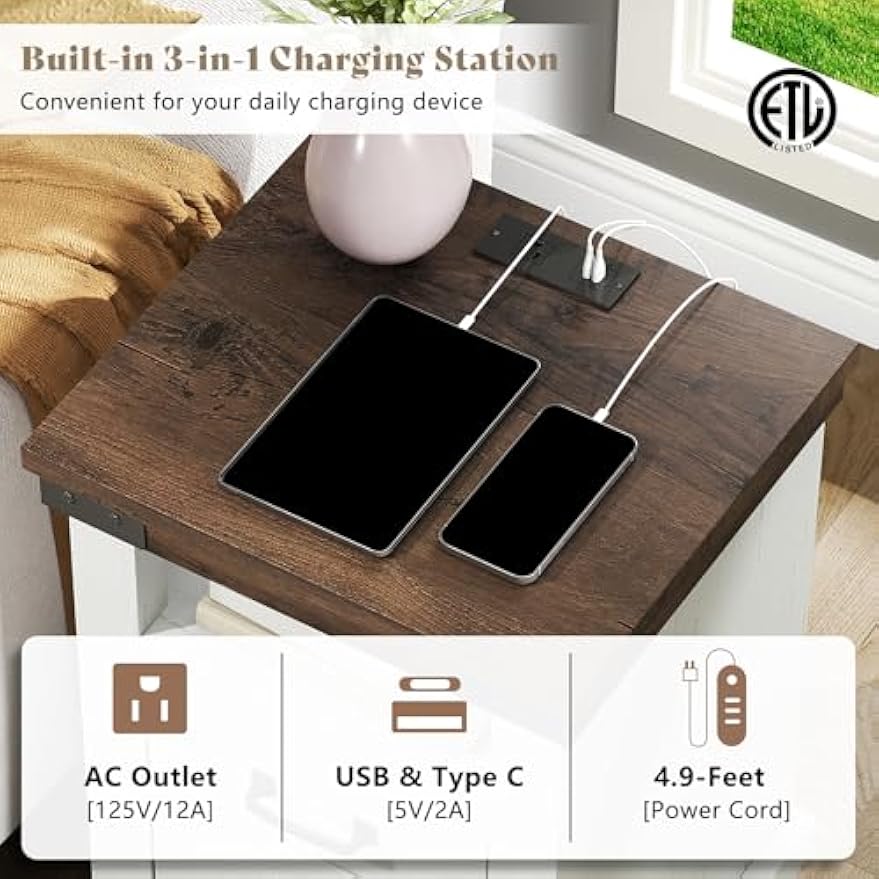 AMERLIFE 4 Pieces Farmhouse Bedroom Set, Includes 6 Drawer Large Dresser Chest, 5 Drawer Tall Dresser Chest, Nightstand Set of 2 with Charging Station, Wood Rustic Chest of Drawer, Living Room, White