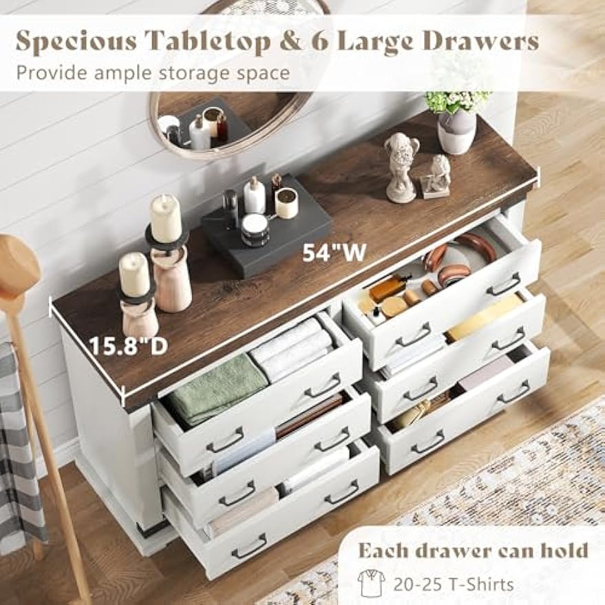 AMERLIFE 4 Pieces Farmhouse Bedroom Set, Includes 6 Drawer Large Dresser Chest, 5 Drawer Tall Dresser Chest, Nightstand Set of 2 with Charging Station, Wood Rustic Chest of Drawer, Living Room, White