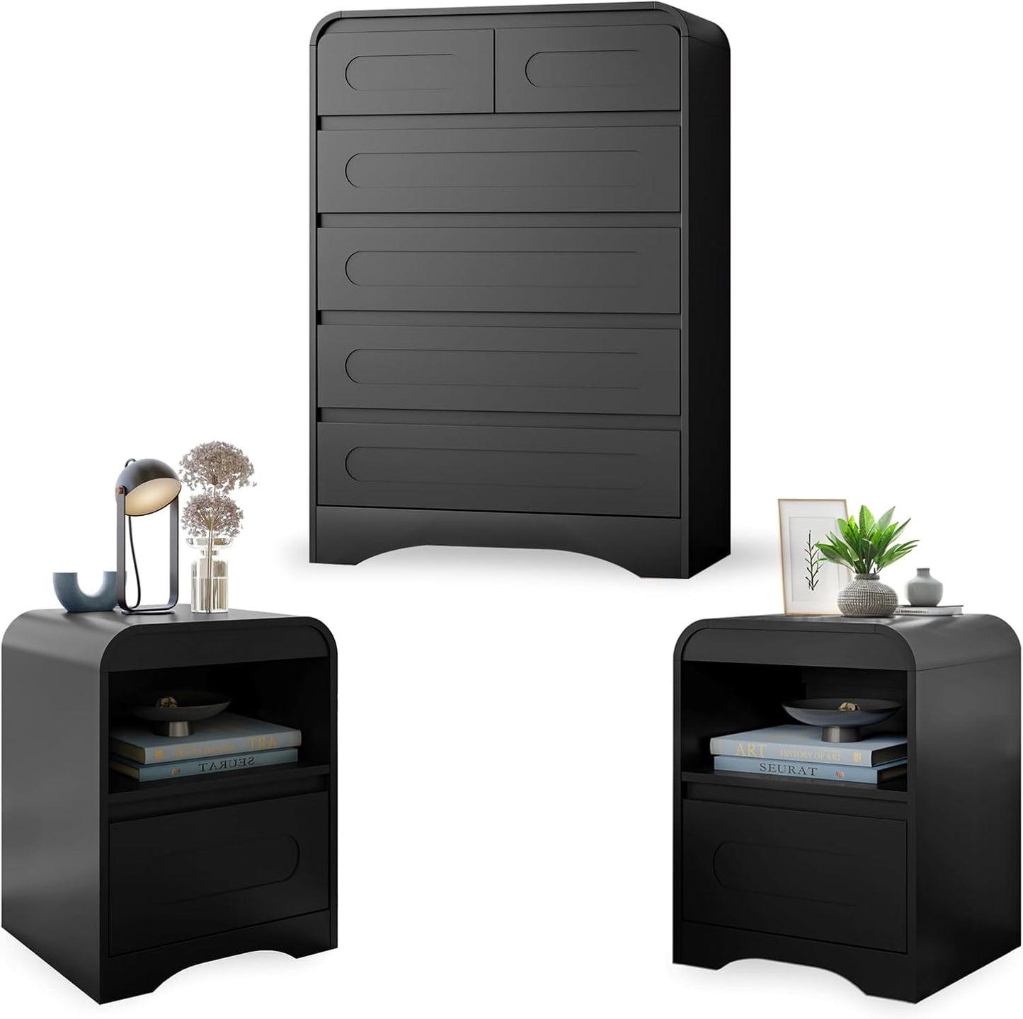 4 Pcs Bedroom Set, Dresser and Nightstand Sets, Including Modern Wooden Tall 6 Drawer Dressers, Wide 6 Drawers Dresser & Night Stand Set of 2 for Bedroom, Black
