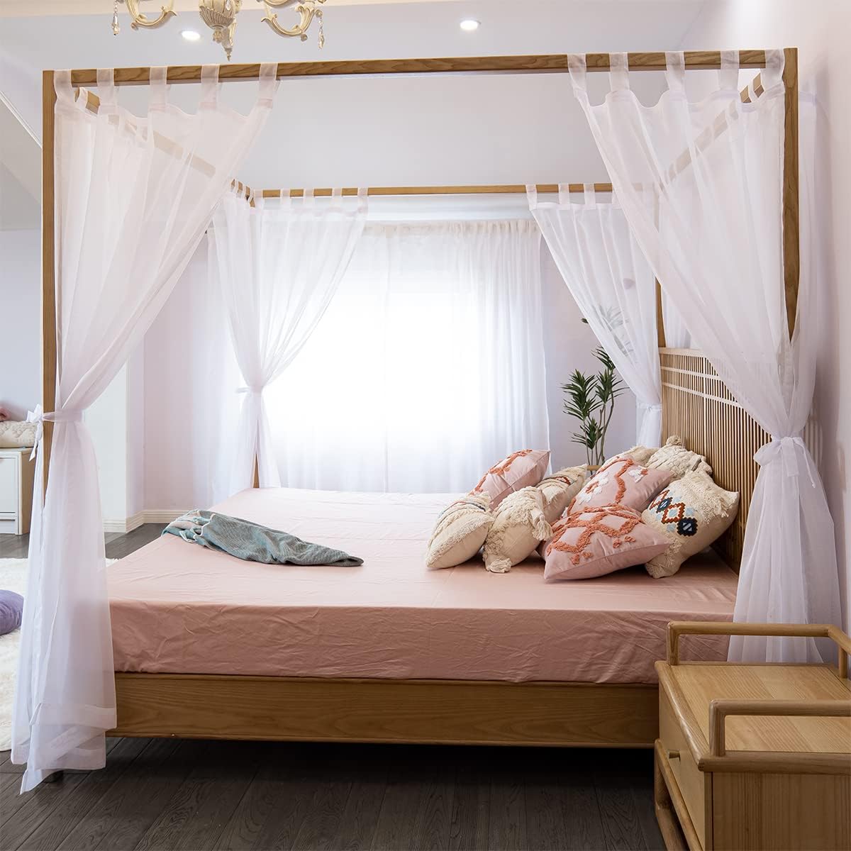 Linentalks Sheer Canopy Bed Curtains for King, Queen, Full and Twin Bed, 4 Corner Bed Canopies & Drapes, Four Poster Bed Canopy Curtains Beds, Sheer Curtains for Canopy Bed Drapes, White