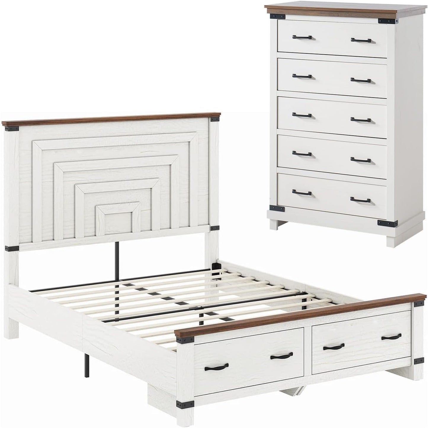 AMERLIFE 2 Pieces Farmhouse Bedroom Set, Includes Wood Rustic Queen Size Bed Frame with 54" Tall Headboard, 48" Tall 5 Drawers Dresser Chest, Heavy Duty Thick Plank Styling, Antique White