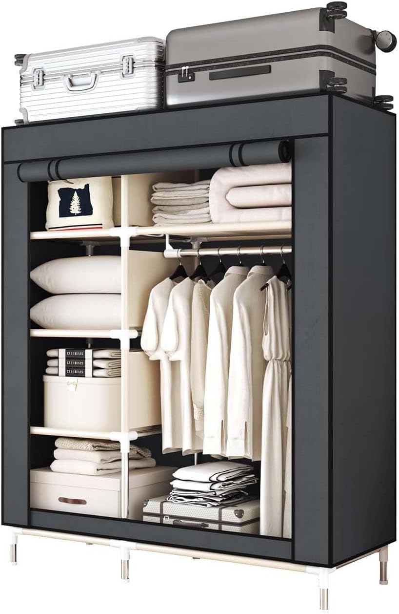 Portable Wardrobe Closet Durable and Easy to Assemble Heavy Duty Clothes Rack with Non-Woven Cover Fabric Best for Bedroom and Easy Storage and Organization (Grey-A)