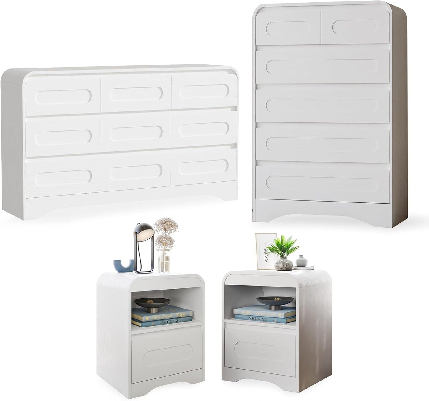 4 Pcs Bedroom Set, Dresser and Nightstand Sets, Including Modern Wooden Tall 6 Drawer Dressers, Wide 6 Drawers Dresser & Night Stand Set of 2 for Bedroom, Black