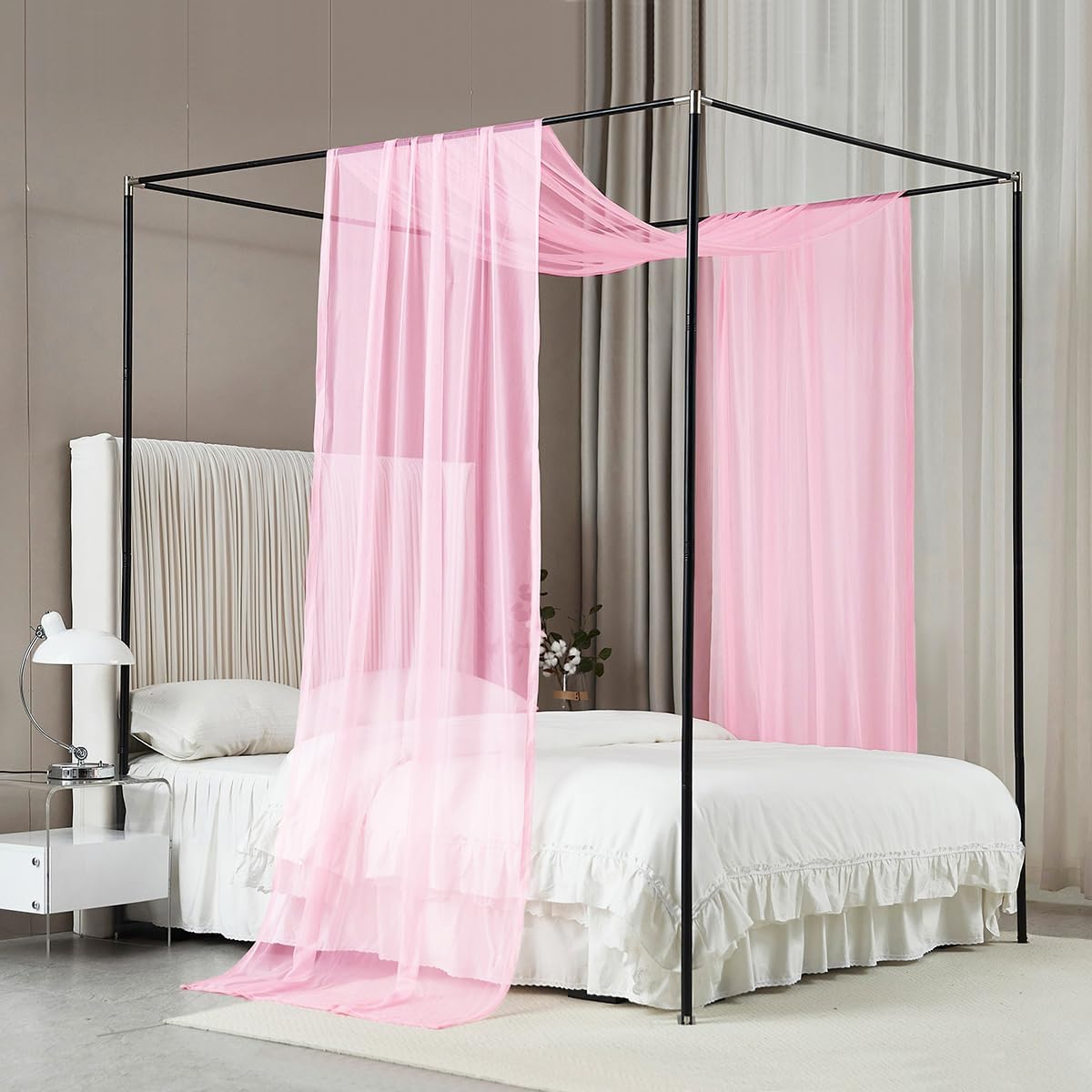 Akiky Canopy Bed Curtains with Light Princess Bed Canopy Scarf for Full/Queen Metal Bed Frame,Wood Frame Bed-2 Panel Sheer Curtain(Full/Queen,White)