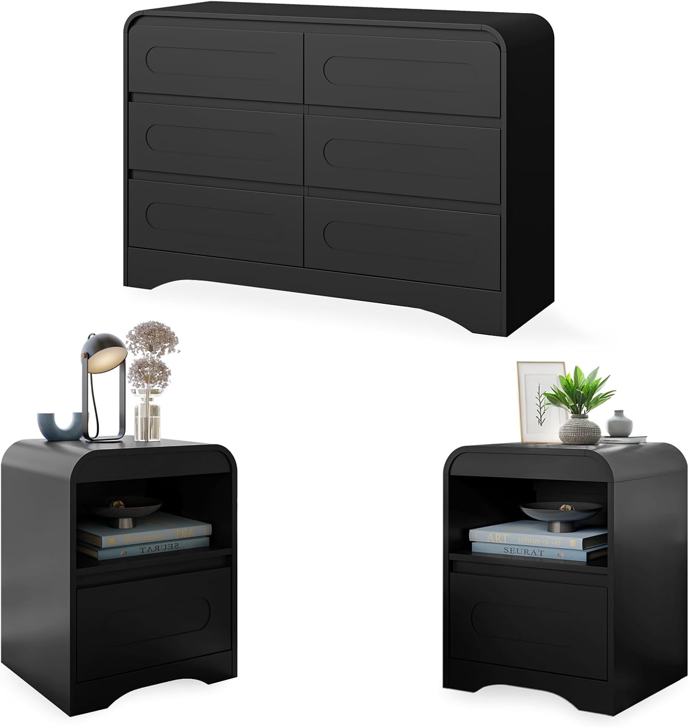4 Pcs Bedroom Set, Dresser and Nightstand Sets, Including Modern Wooden Tall 6 Drawer Dressers, Wide 6 Drawers Dresser & Night Stand Set of 2 for Bedroom, Black
