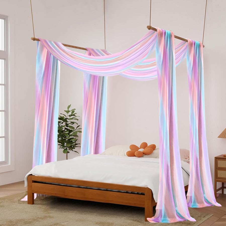 Akiky Canopy Bed Curtains with Light Princess Bed Canopy Scarf for Full/Queen Metal Bed Frame,Wood Frame Bed-2 Panel Sheer Curtain(Full/Queen,White)