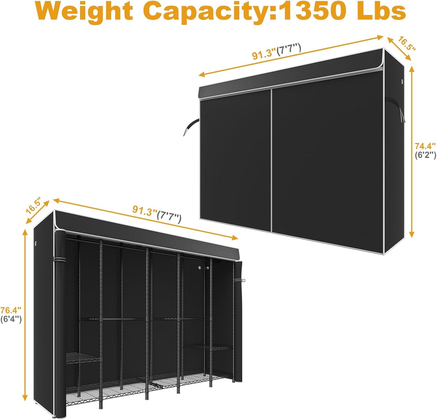 H50C Extra Large Clothes Rack with Cover, Freestanding Portable Closet, Covered Clothing Racks for Hanging Clothes, Heavy Duty Garment Rack, Wardrobe Closet with Black Cover Max Load 1350 Lbs