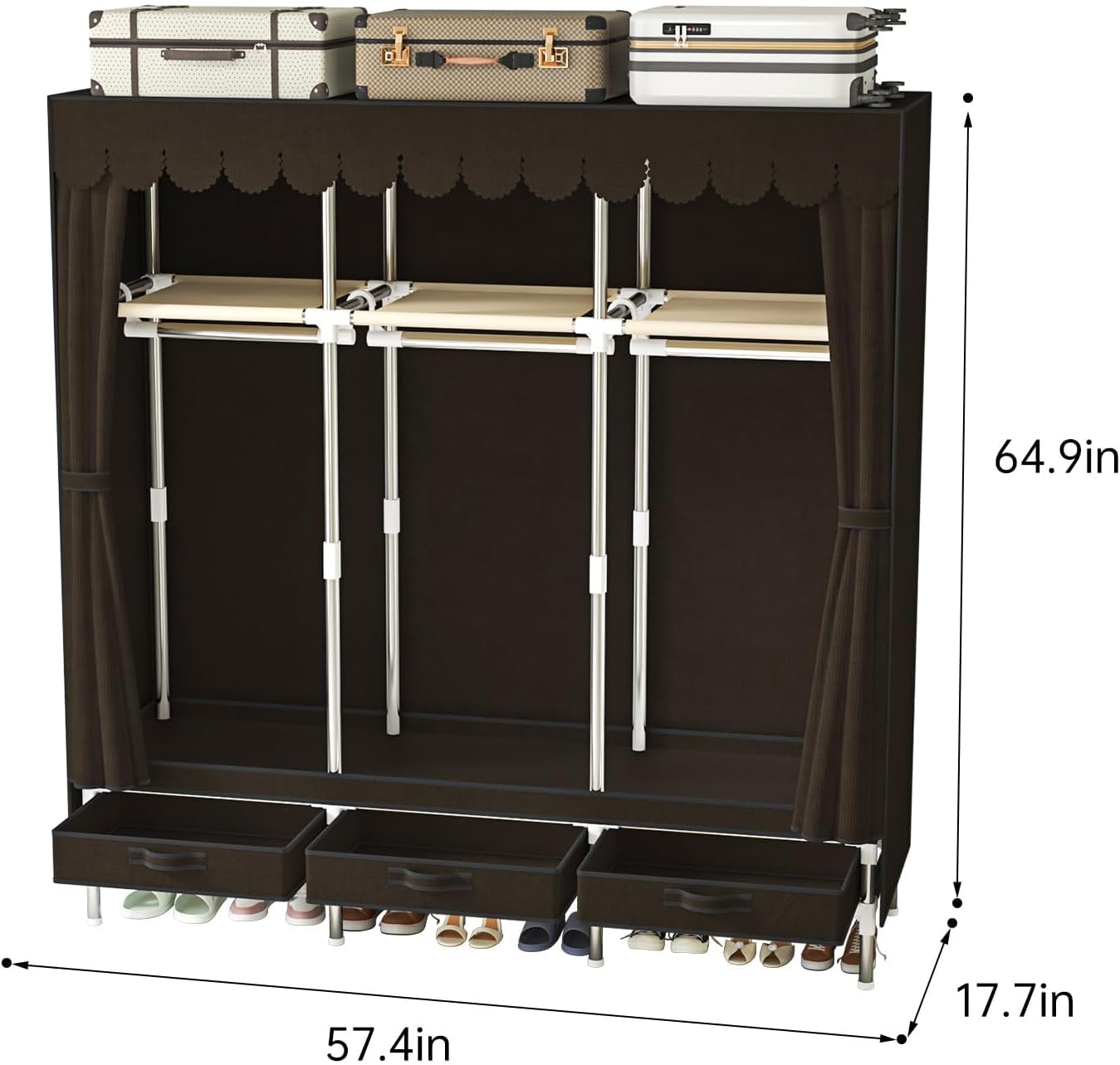 Portable Amories Closet Wardrobe with Non Woven Fabric Cover,59 Inch Large Metal Clothes Rack Storage Closet with 3 Hanging Rods,3 Drawers and 3 Storage Shelves,Brown,for Small Room