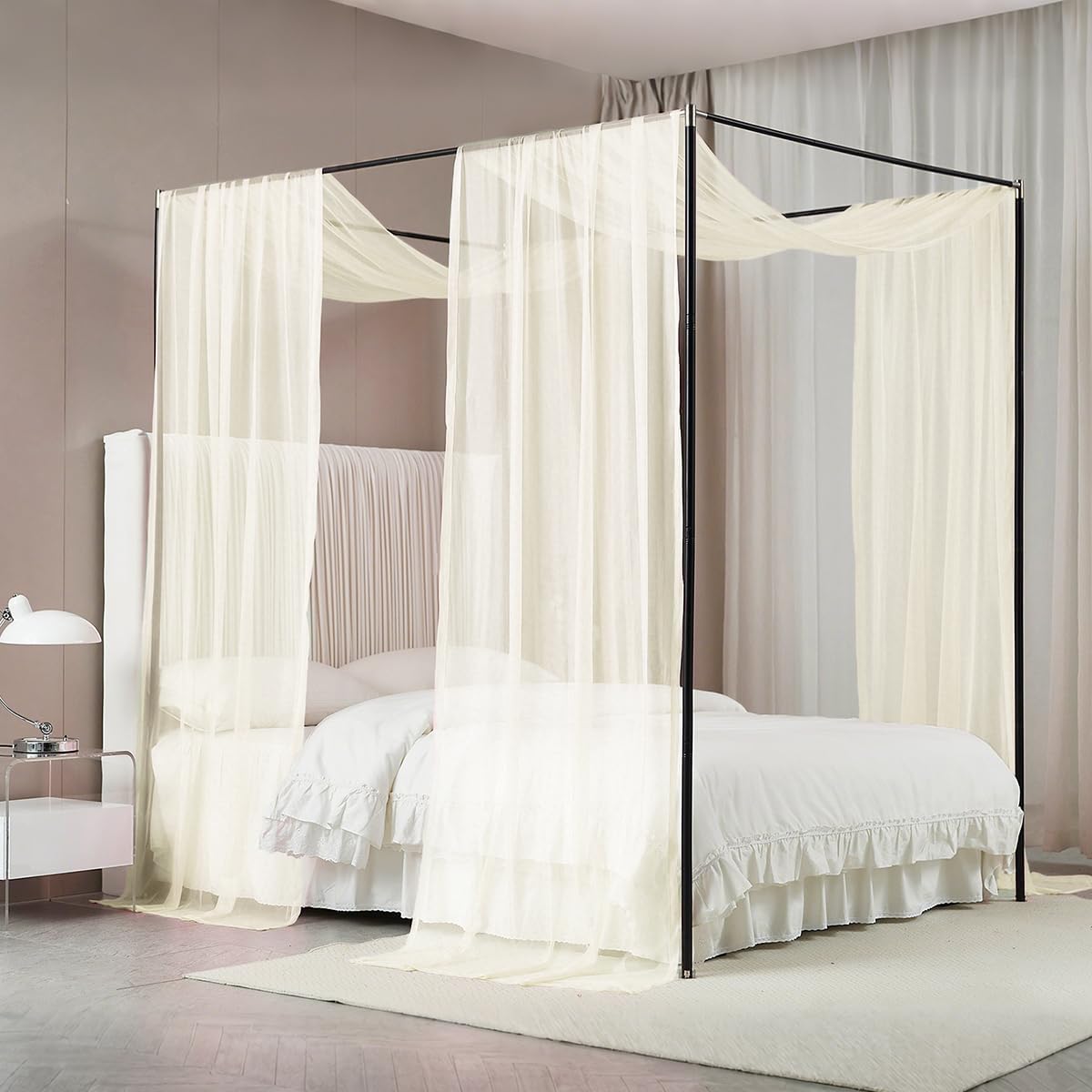 Akiky Canopy Bed Curtains with Light Princess Bed Canopy Scarf for Full/Queen Metal Bed Frame,Wood Frame Bed-2 Panel Sheer Curtain(Full/Queen,White)