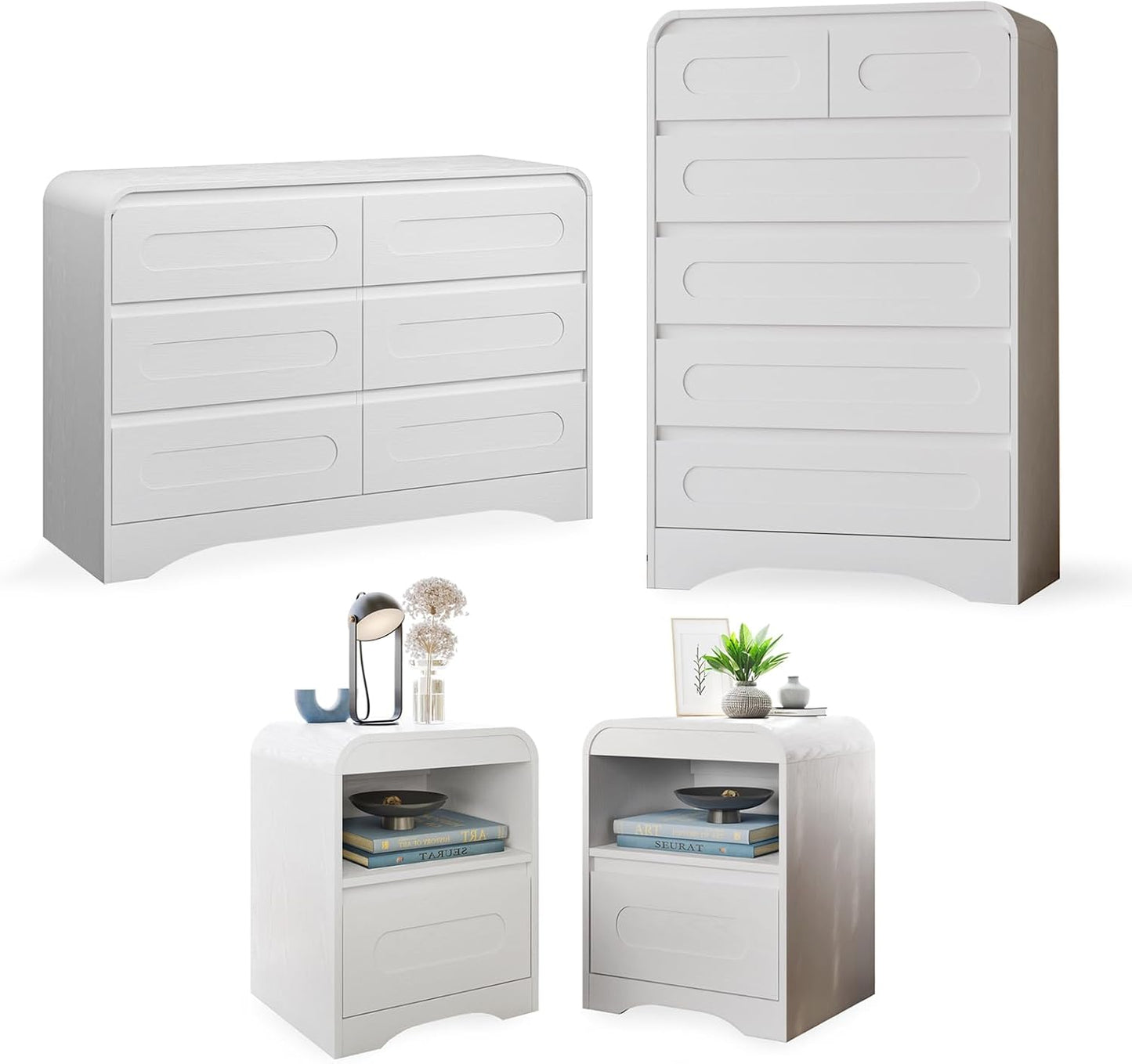 4 Pcs Bedroom Set, Dresser and Nightstand Sets, Including Modern Wooden Tall 6 Drawer Dressers, Wide 6 Drawers Dresser & Night Stand Set of 2 for Bedroom, Black