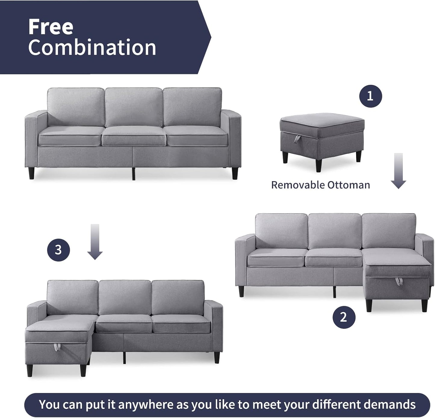 4 Piece Living Room Sofa Sets, 3 Seat Sofa and Loveseat & Chair Set, Modular Sectional Sofas Couch with Storage Ottoman & Armchair, Furniture Couches for Living Room, Bedroom - Light Grey