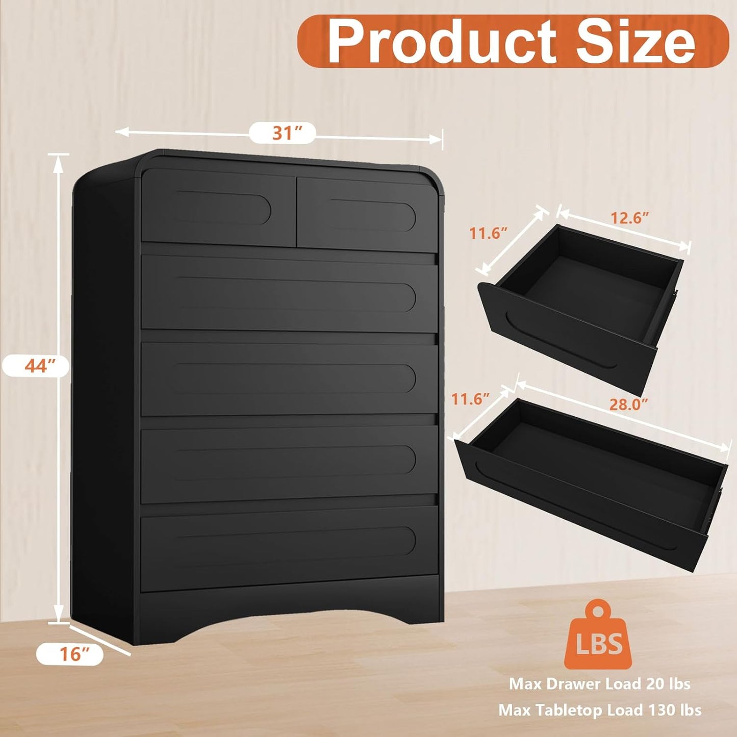 4 Pcs Bedroom Set, Dresser and Nightstand Sets, Including Modern Wooden Tall 6 Drawer Dressers, Wide 6 Drawers Dresser & Night Stand Set of 2 for Bedroom, Black