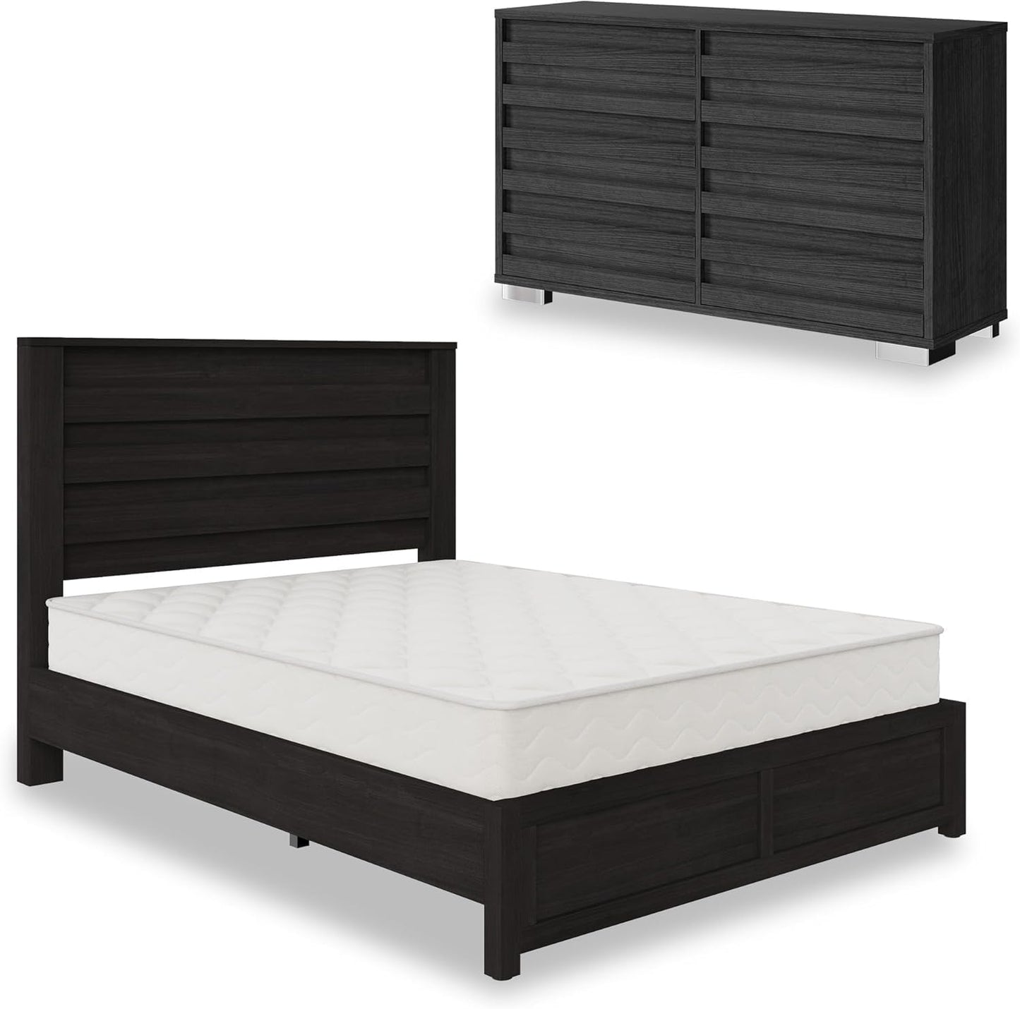 AMERLIFE 2-Piece Farmhouse Bedroom Set, Queen Size Bed Frame and 6 Drawer Dresser, Platform Bed with 49" Fluted Headboard, 54" Wide Wood Chest of Drawer for Bedroom, Distressed White
