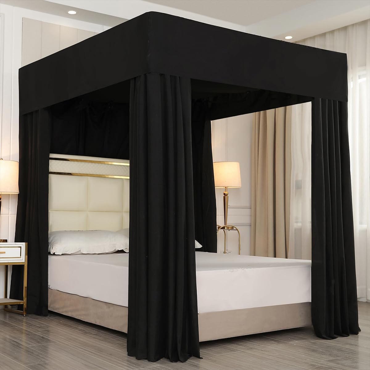 Mengersi Black Four Corner Post Bed Canopy Bed Curtains Sheer Canopy Bedroom Decoration Lightproof,Not Include Poles (King, Black)