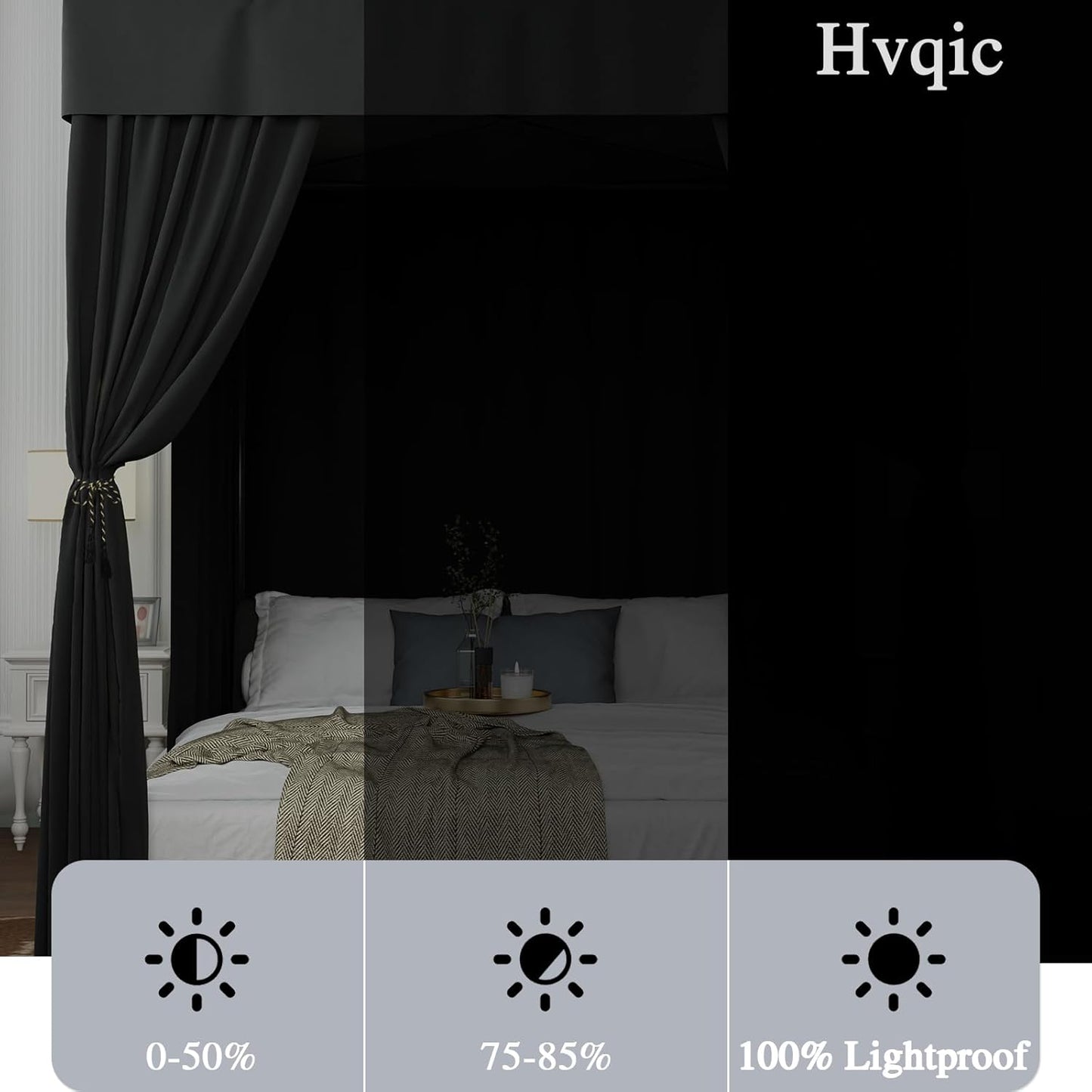 Hvqic Black Canopy Bed Drapes - 4 Corner Post Canopy Queen Bedroom Decoration (Queen, Black)