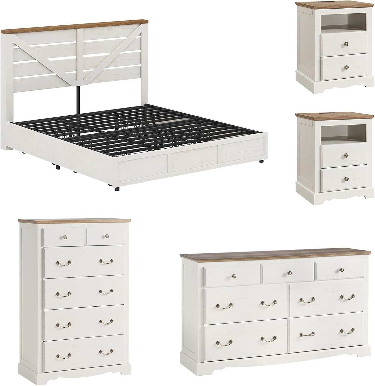 AMERLIFE 5 Piece Bedroom Set, Including Farmhouse Full Size Bed Frame with 4 Drawers, 7 Drawer Dresser & 6 Chest of Drawers, 2 Nightstands with Charging Station for Bedroom, White