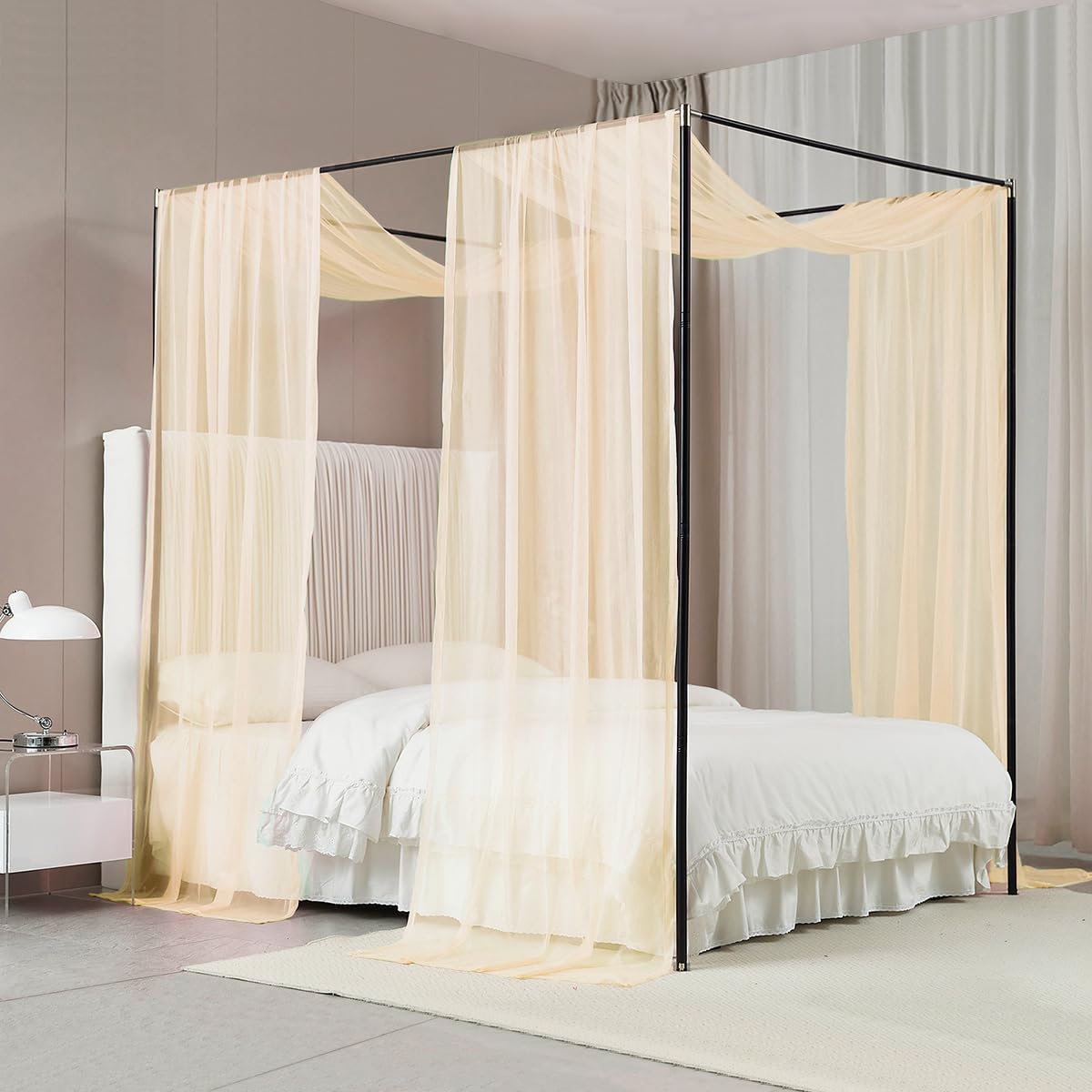 Akiky Canopy Bed Curtains with Light Princess Bed Canopy Scarf for Full/Queen Metal Bed Frame,Wood Frame Bed-2 Panel Sheer Curtain(Full/Queen,White)