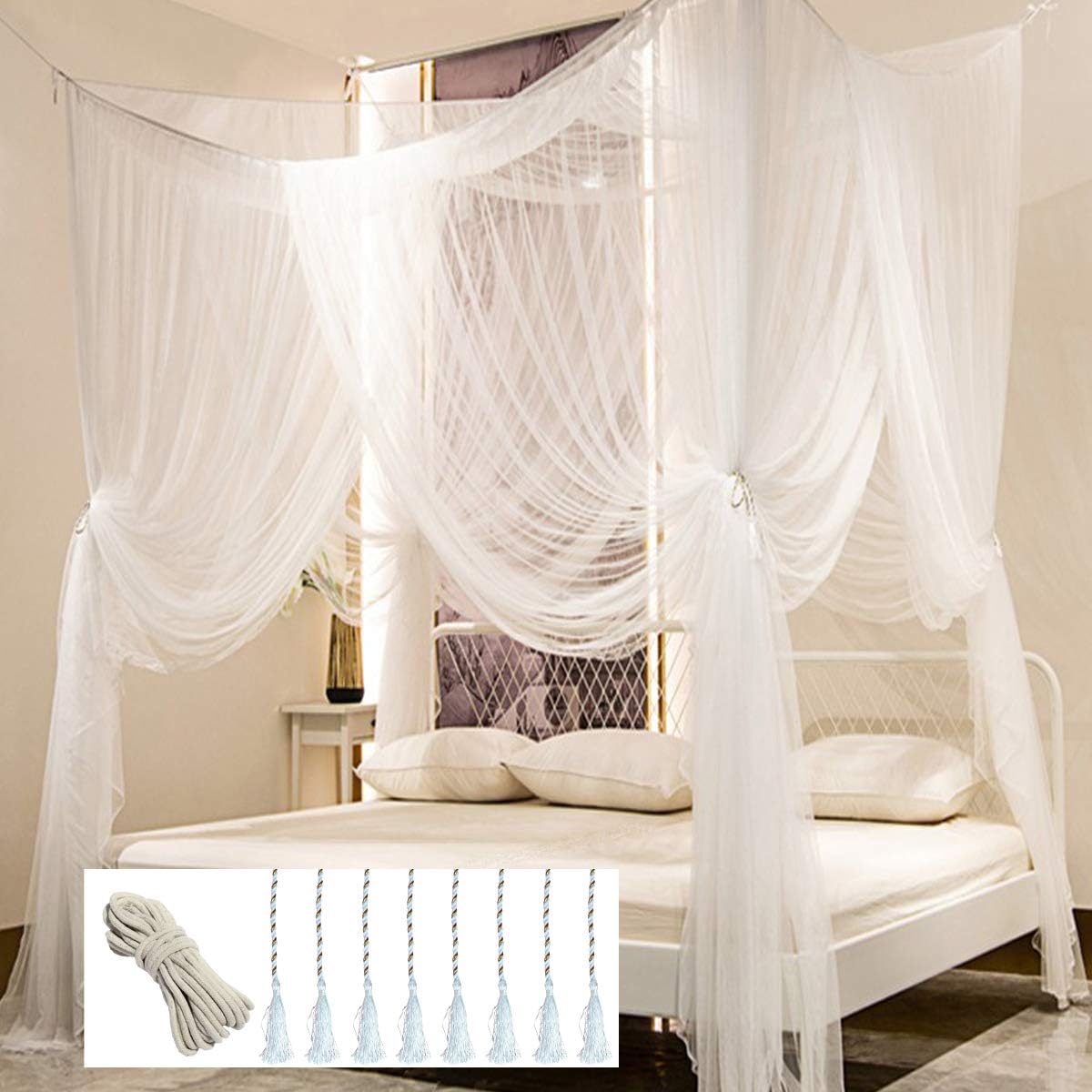 Bed Canopy with LED Star Lights, Canopy Bed Curtain with RGB Color Changing String Lights with Smart App Control Remote for Princess Girls Bedroom, Suggested for Twin Full Queen King Bed