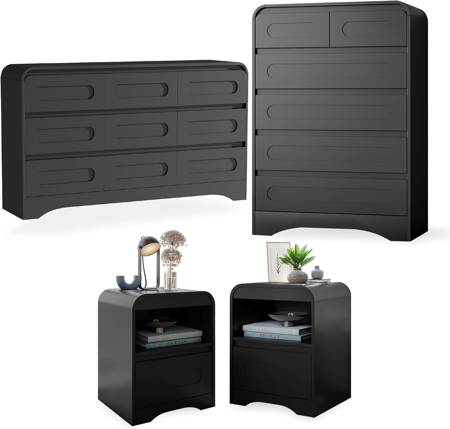 4 Pcs Bedroom Set, Dresser and Nightstand Sets, Including Modern Wooden Tall 6 Drawer Dressers, Wide 6 Drawers Dresser & Night Stand Set of 2 for Bedroom, Black