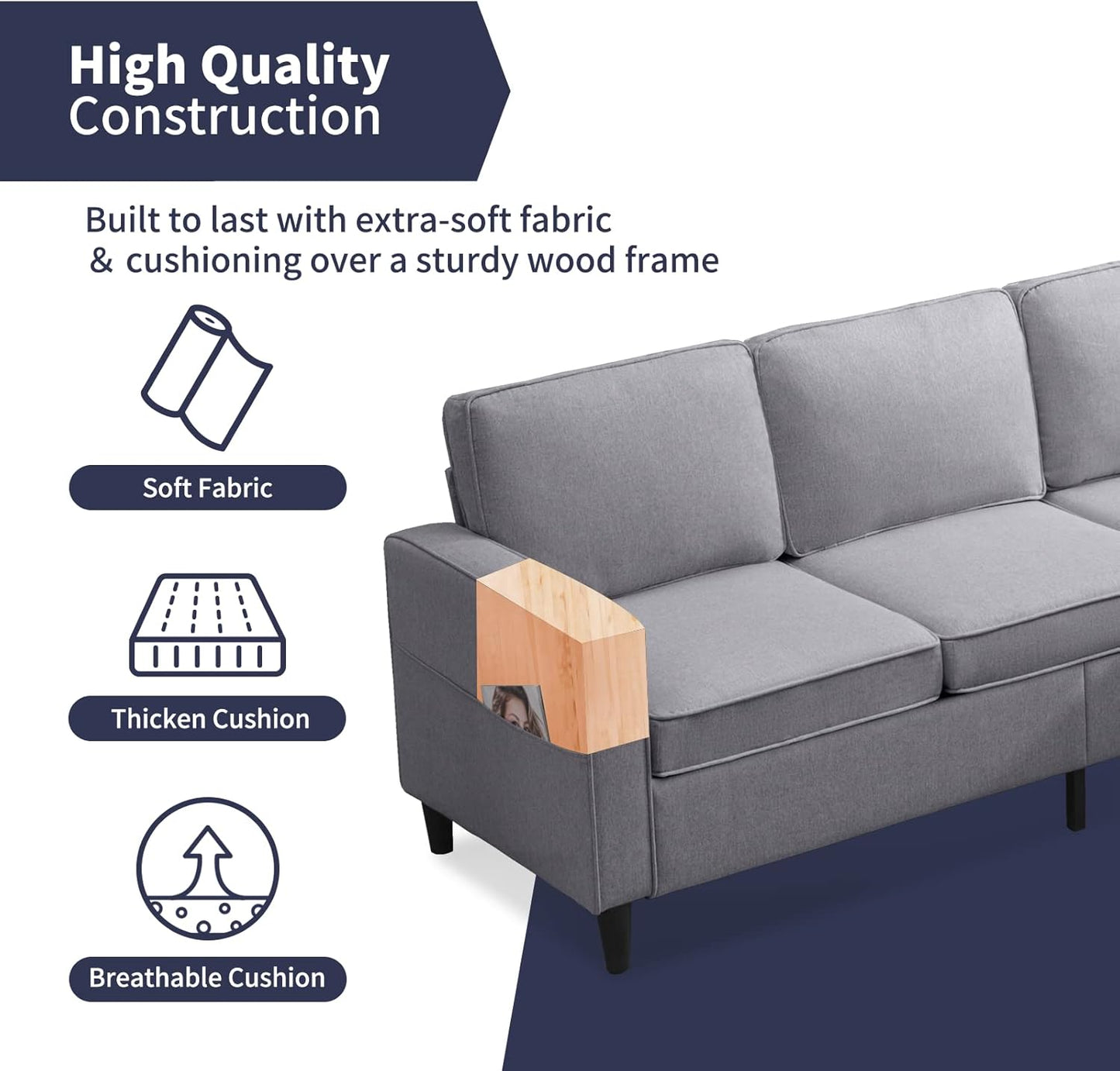 4 Piece Living Room Sofa Sets, 3 Seat Sofa and Loveseat & Chair Set, Modular Sectional Sofas Couch with Storage Ottoman & Armchair, Furniture Couches for Living Room, Bedroom - Light Grey