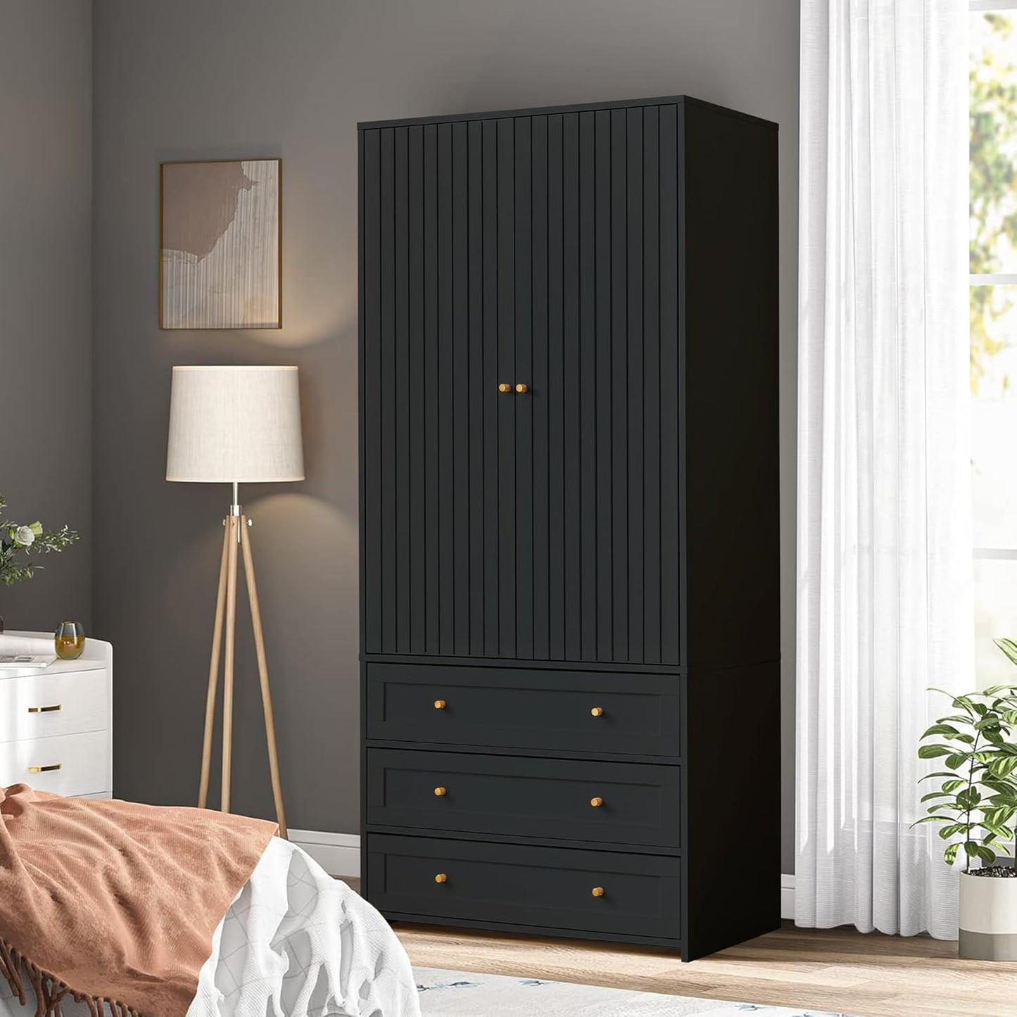 Armoire Wardrobe Closet with 4 Doors and 6 Drawers, 70.87" Tall Wooden Clothes Closet Wardrobe Cabinet, Freestanding Bedroom Storage Armoire for Hanging Clothes, 2-Piece (Black)