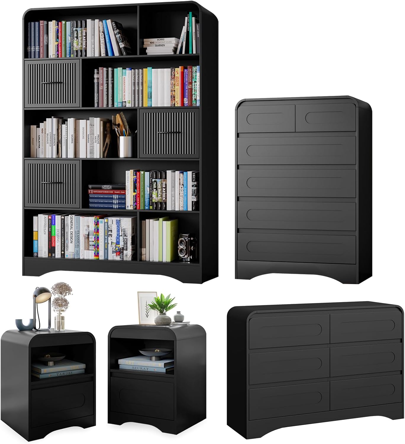 4 Pcs Bedroom Set, Dresser and Nightstand Sets, Including Modern Wooden Tall 6 Drawer Dressers, Wide 6 Drawers Dresser & Night Stand Set of 2 for Bedroom, Black