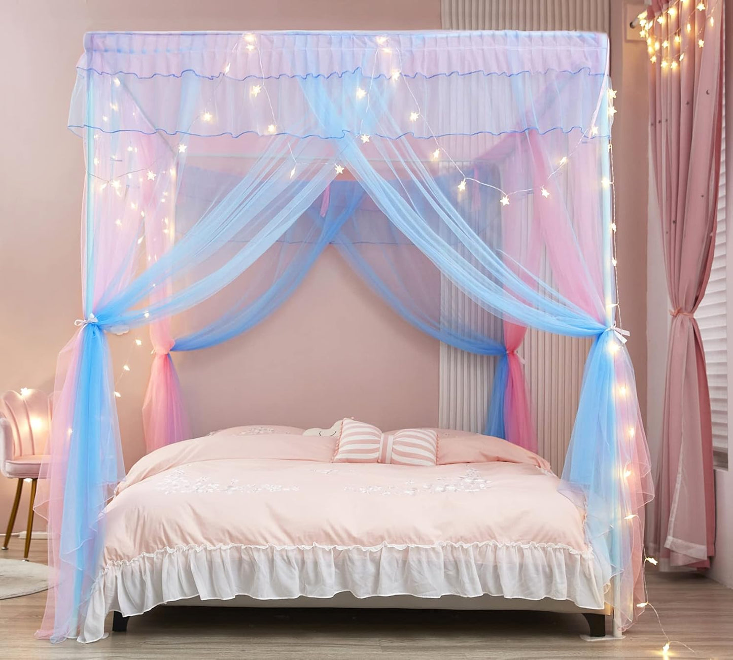Mengersi Rainbow Canopy Bed Curtains with Lights - Princess Bed Canopy for Girls - Bed Drapes Netting- Bedroom Decoration Accessories,Full