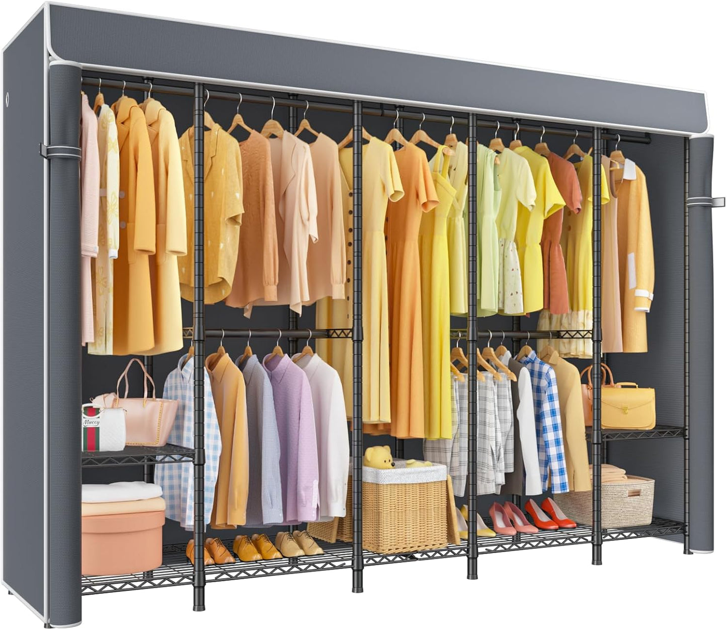 H50C Extra Large Clothes Rack with Cover, Freestanding Portable Closet, Covered Clothing Racks for Hanging Clothes, Heavy Duty Garment Rack, Wardrobe Closet with Black Cover Max Load 1350 Lbs
