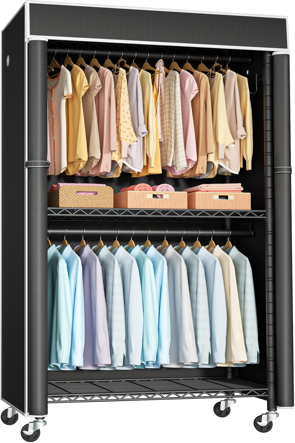 Clothing Rack with Cover, P1C Rolling Closets with Wheels, Metal Garment Rack for Hanging Clothes, Clothing Storage Wardrobe with Cover, 36.2" W x 16.5" D x 80.5" H, Black, Load 450 Pounds