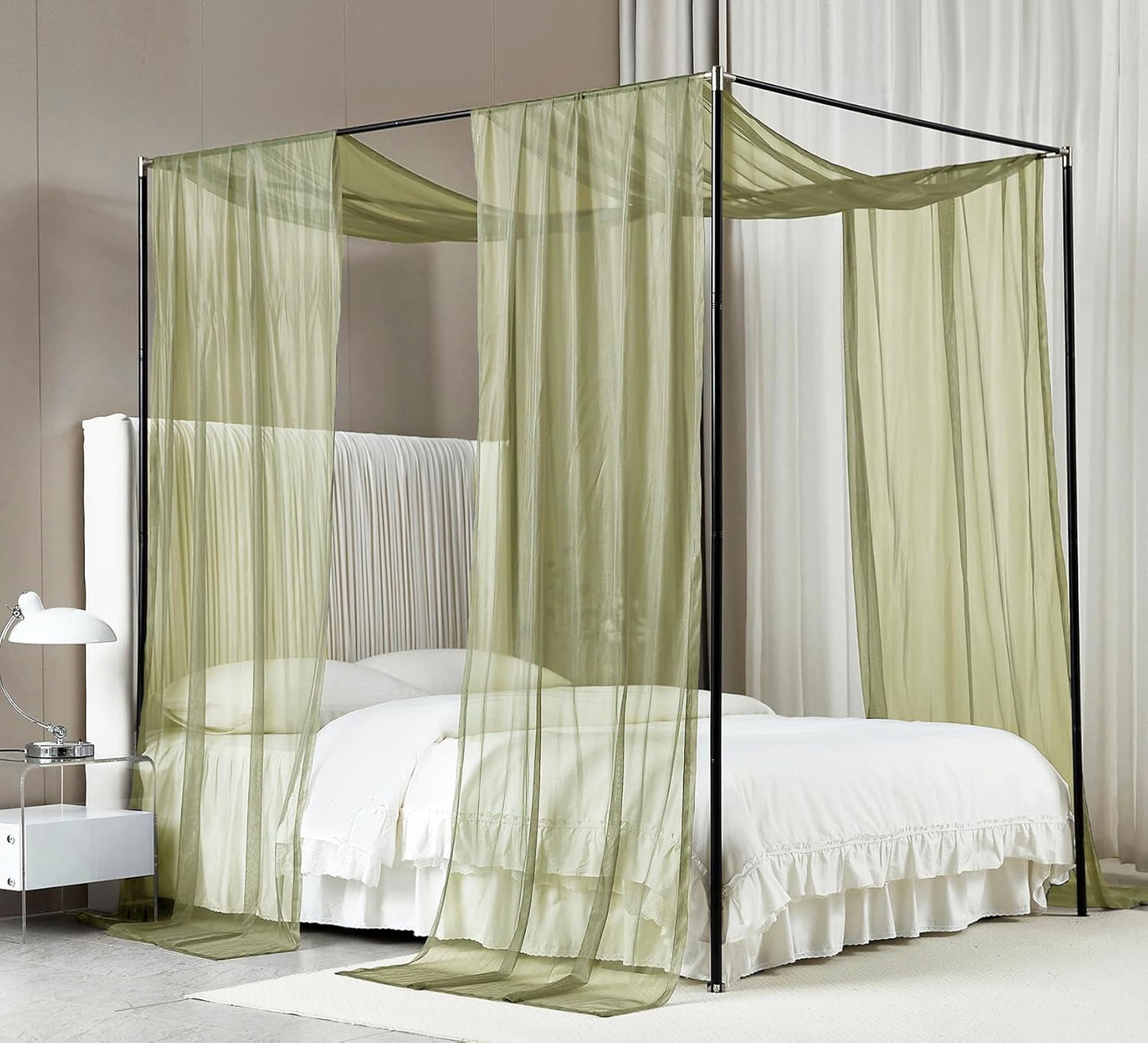 Akiky Canopy Bed Curtains with Light Princess Bed Canopy Scarf for Full/Queen Metal Bed Frame,Wood Frame Bed-2 Panel Sheer Curtain(Full/Queen,White)