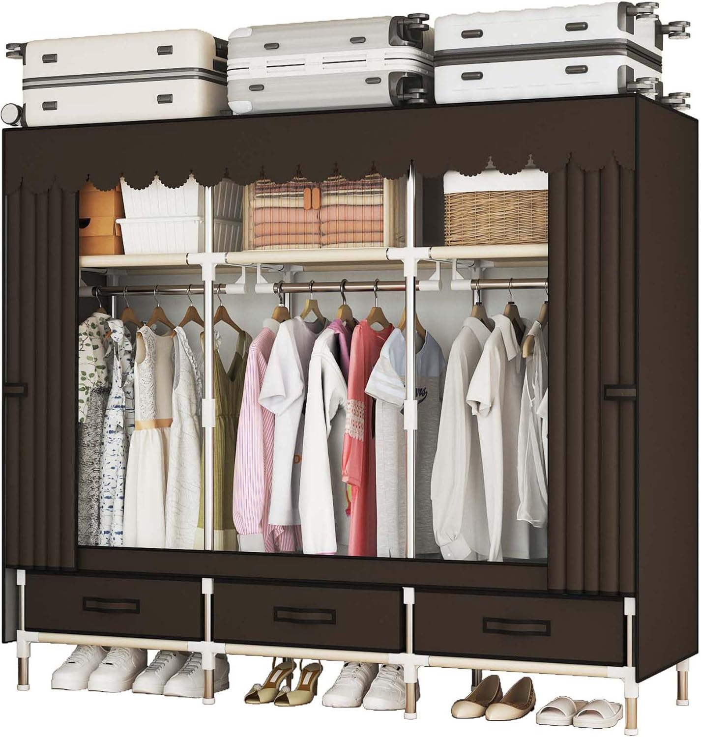 Portable Wardrobe Closet Durable and Easy to Assemble Heavy Duty Clothes Rack with Non-Woven Cover Fabric Best for Bedroom and Easy Storage and Organization (Grey-A)