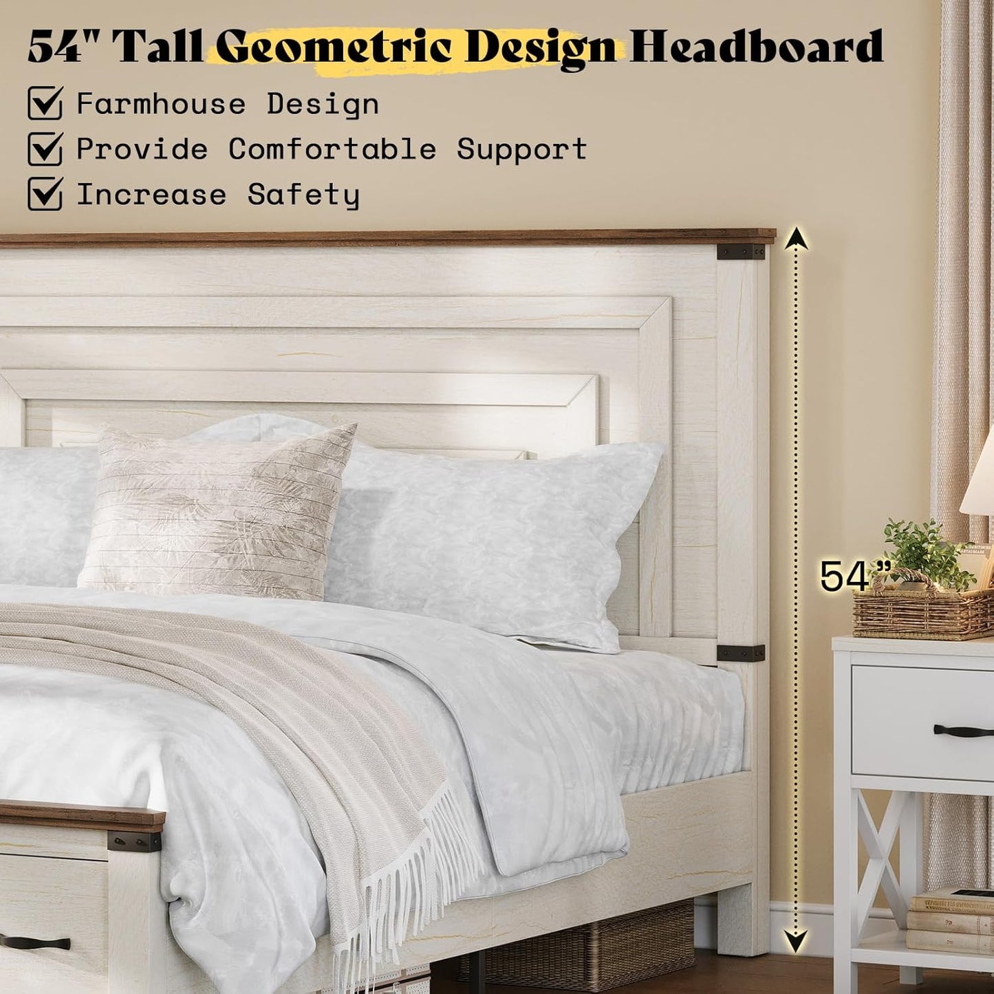 AMERLIFE 2 Pieces Farmhouse Bedroom Set, Includes Wood Rustic Queen Size Bed Frame with 54" Tall Headboard, 48" Tall 5 Drawers Dresser Chest, Heavy Duty Thick Plank Styling, Antique White