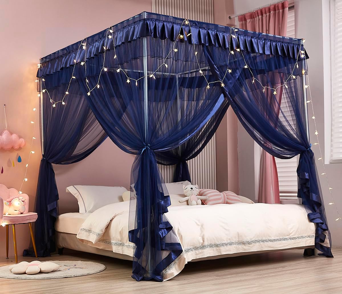 Mengersi Rainbow Canopy Bed Curtains with Lights - Princess Bed Canopy for Girls - Bed Drapes Netting- Bedroom Decoration Accessories,Full