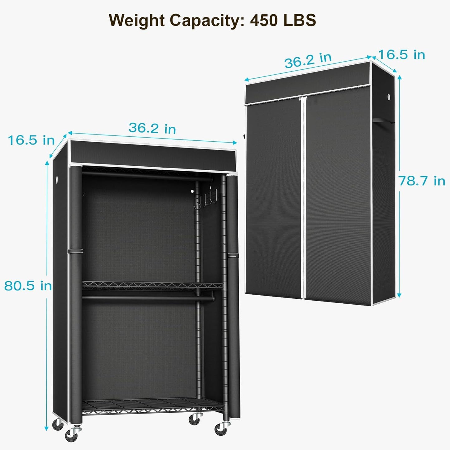 Clothing Rack with Cover, P1C Rolling Closets with Wheels, Metal Garment Rack for Hanging Clothes, Clothing Storage Wardrobe with Cover, 36.2" W x 16.5" D x 80.5" H, Black, Load 450 Pounds