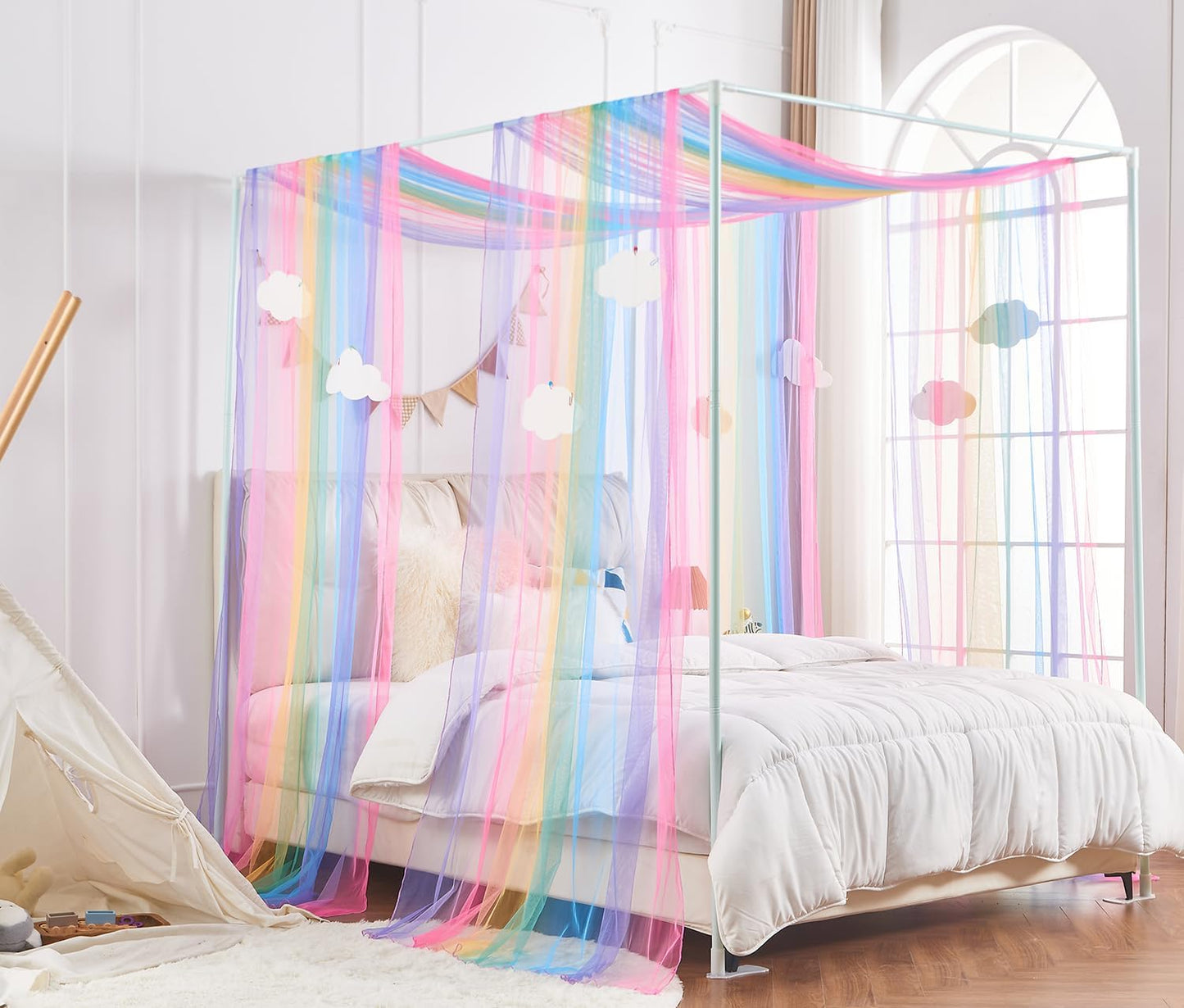 White Canopy Bed Curtain for Queen Bed, Soft Bed Canopy Scarf for Girls Adults (Full/Queen, White)