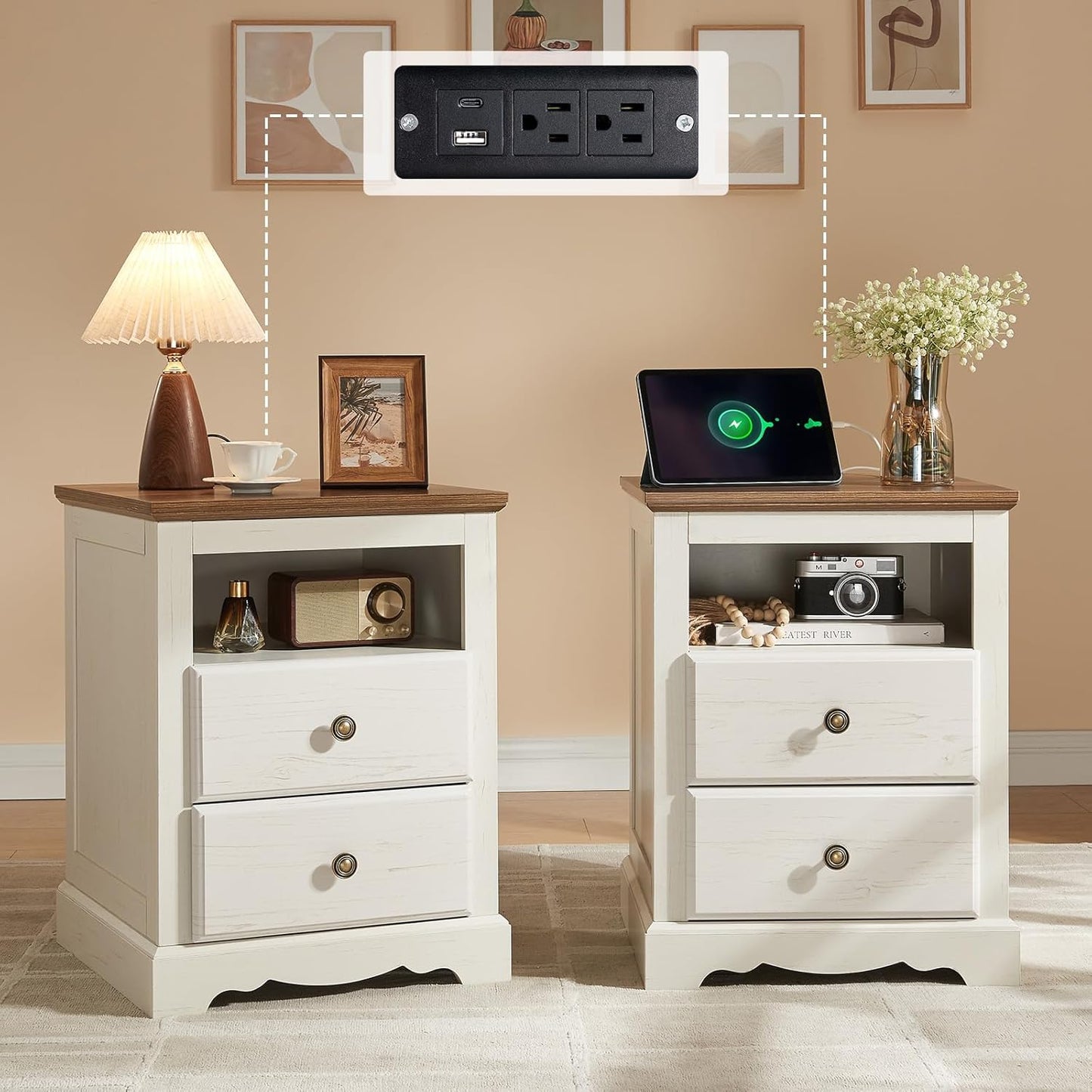 AMERLIFE 5 Piece Bedroom Set, Including Farmhouse Full Size Bed Frame with 4 Drawers, 7 Drawer Dresser & 6 Chest of Drawers, 2 Nightstands with Charging Station for Bedroom, White