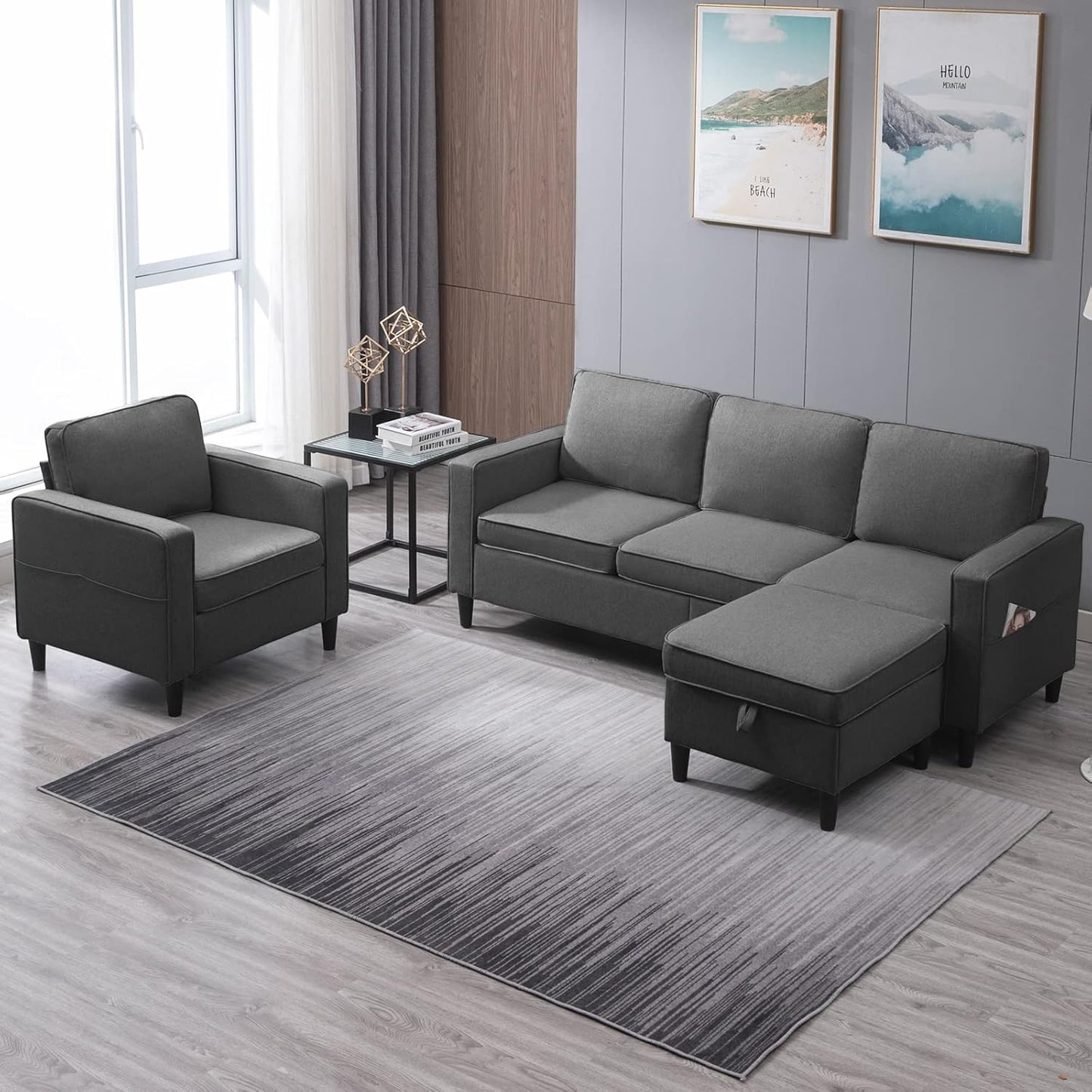 4 Piece Living Room Sofa Sets, 3 Seat Sofa and Loveseat & Chair Set, Modular Sectional Sofas Couch with Storage Ottoman & Armchair, Furniture Couches for Living Room, Bedroom - Light Grey