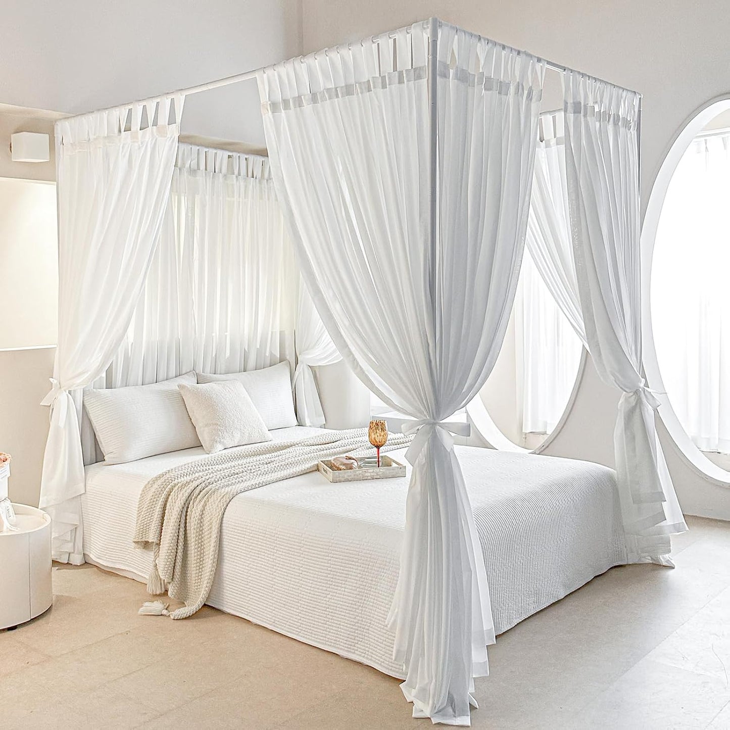 AIKASY Canopy Bed Board with Top and Self-Adhesive Strips, White Gauze Princess Bed Canopy Curtain Tent, Creating a Romantic Atmosphere in The Room(Full/Queen,White)