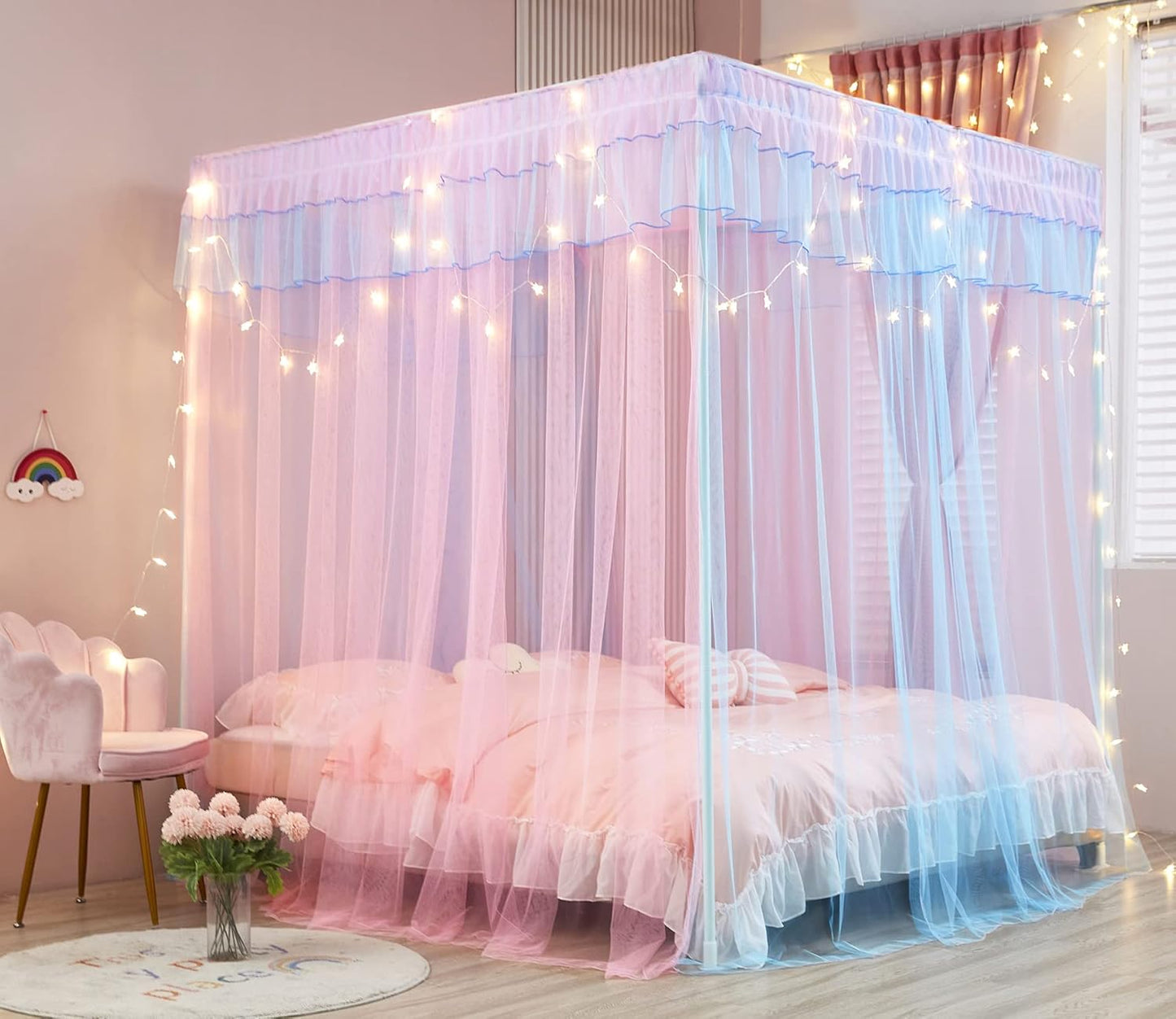 Mengersi Rainbow Canopy Bed Curtains with Lights - Princess Bed Canopy for Girls - Bed Drapes Netting- Bedroom Decoration Accessories,Full