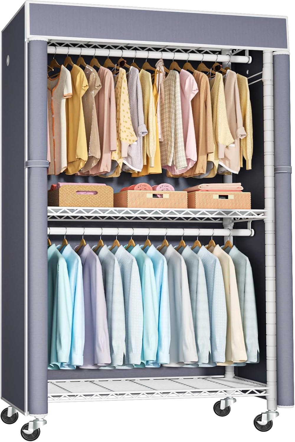 Clothing Rack with Cover, P1C Rolling Closets with Wheels, Metal Garment Rack for Hanging Clothes, Clothing Storage Wardrobe with Cover, 36.2" W x 16.5" D x 80.5" H, Black, Load 450 Pounds