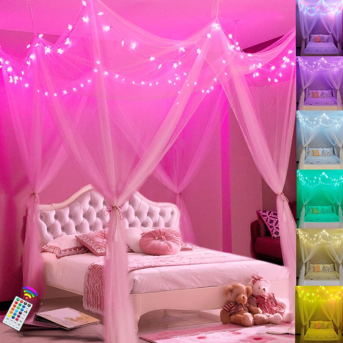 Obrecis White Bed Canopy with Lights for Girls Bedroom Decor, 8 Corner Princess Canopy Bed Curtains with Warm White LED Star String Lights Remote Control Canopy for Bed Twin Full Queen King Size Bed