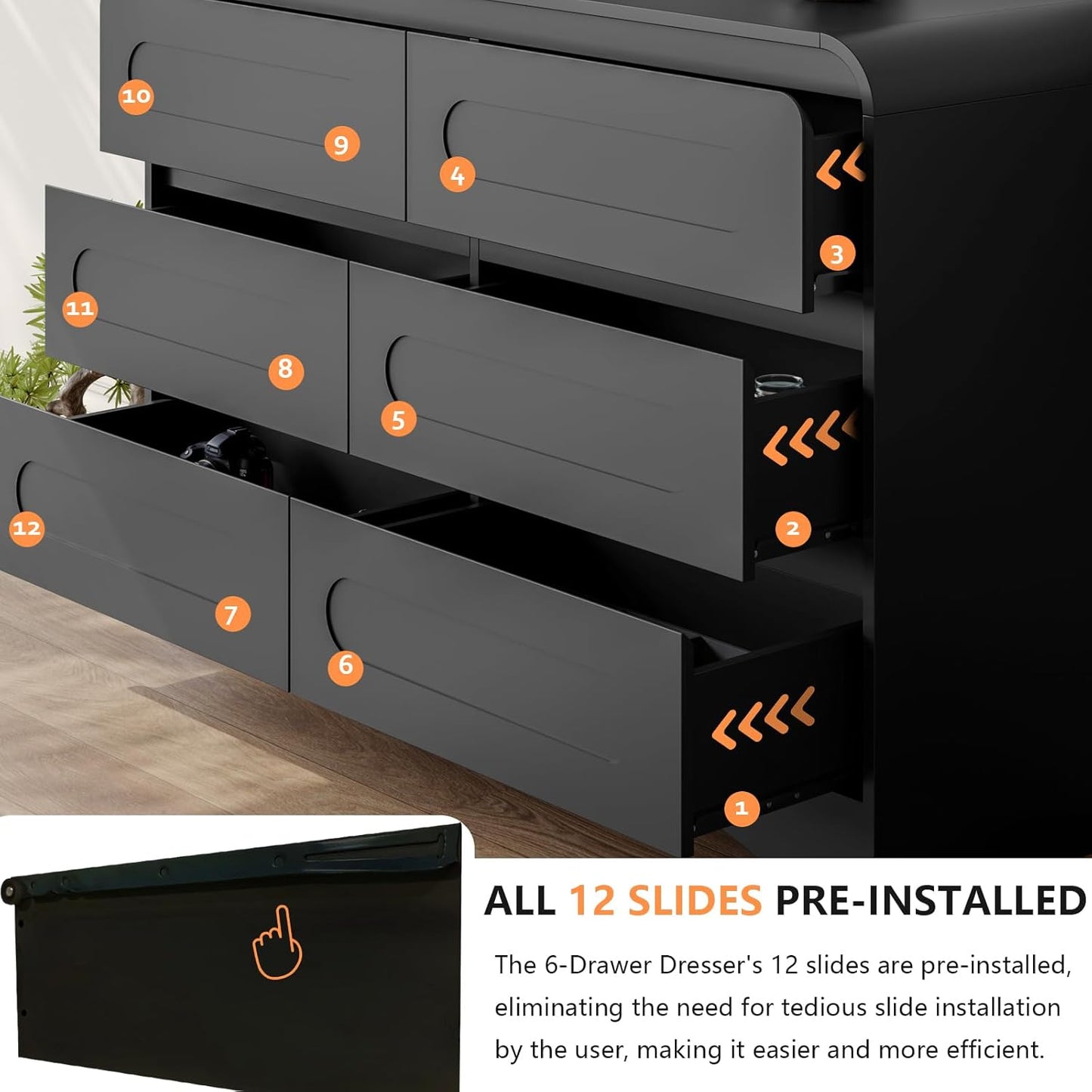 4 Pcs Bedroom Set, Dresser and Nightstand Sets, Including Modern Wooden Tall 6 Drawer Dressers, Wide 6 Drawers Dresser & Night Stand Set of 2 for Bedroom, Black